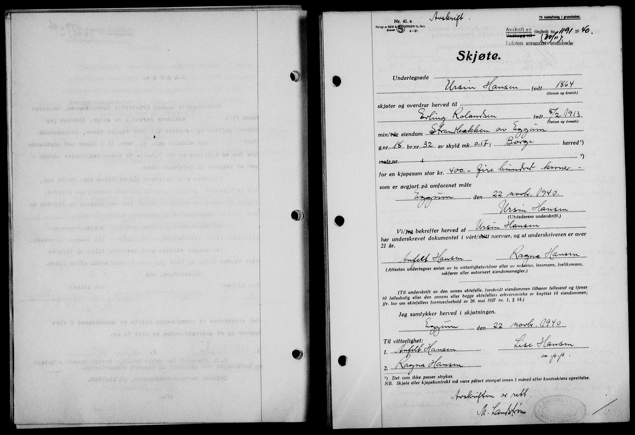 Lofoten sorenskriveri, SAT/A-0017/1/2/2C/L0008a: Mortgage book no. 8a, 1940-1941, Diary no: : 1191/1940
