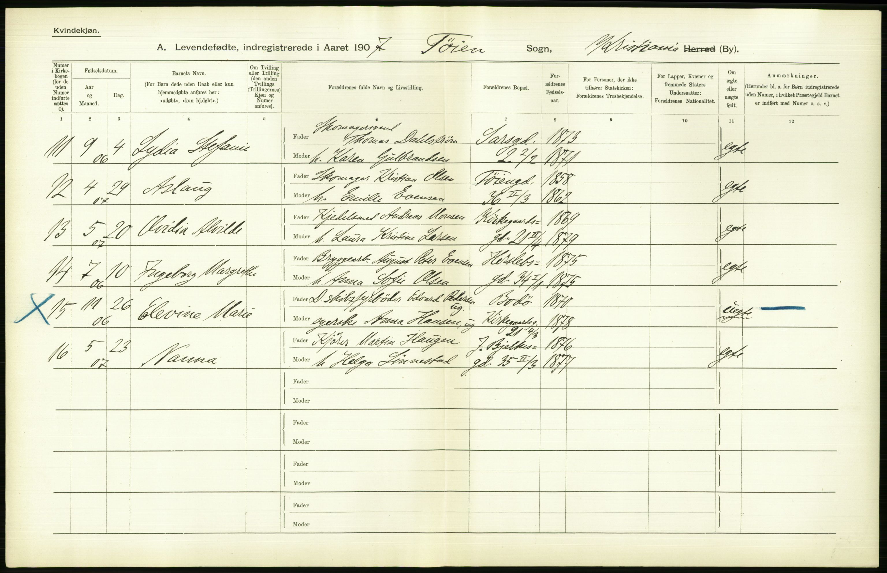 Statistisk sentralbyrå, Sosiodemografiske emner, Befolkning, AV/RA-S-2228/D/Df/Dfa/Dfae/L0007: Kristiania: Levendefødte menn og kvinner., 1907, p. 656