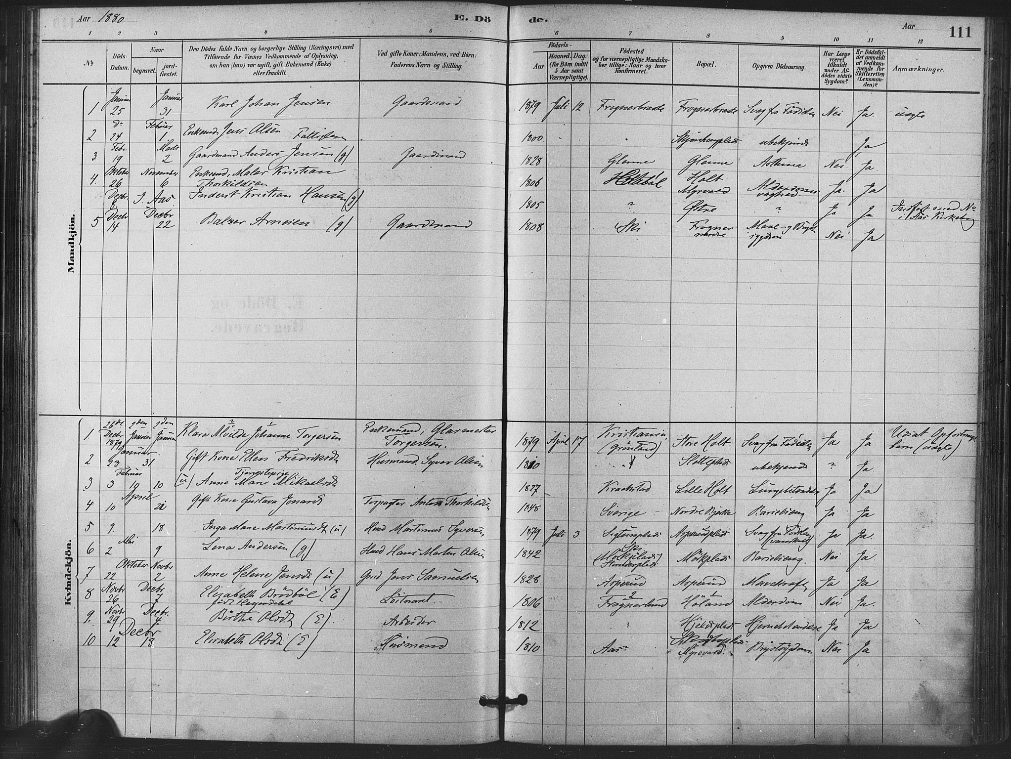 Kråkstad prestekontor Kirkebøker, SAO/A-10125a/F/Fa/L0009: Parish register (official) no. I 9, 1880-1892, p. 111