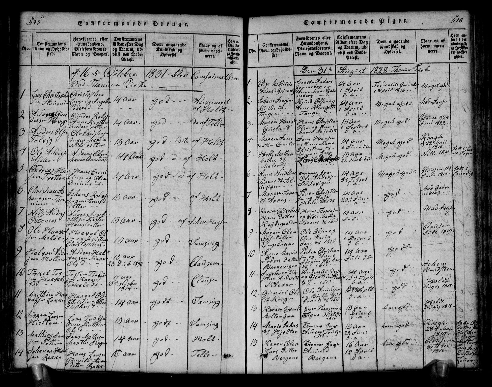 Brunlanes kirkebøker, AV/SAKO-A-342/G/Ga/L0001: Parish register (copy) no. I 1, 1814-1834, p. 515-516