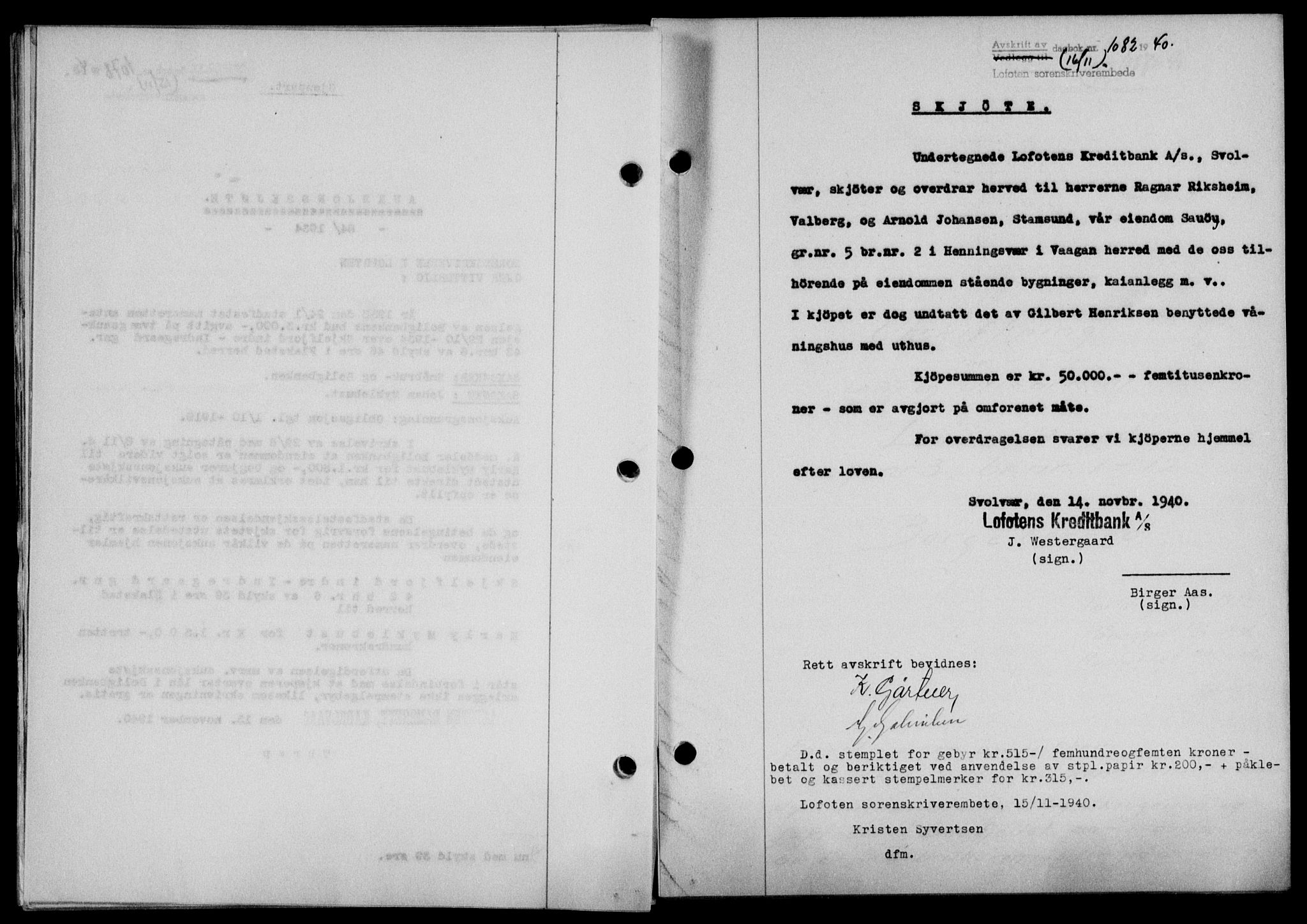 Lofoten sorenskriveri, SAT/A-0017/1/2/2C/L0008a: Mortgage book no. 8a, 1940-1941, Diary no: : 1082/1940