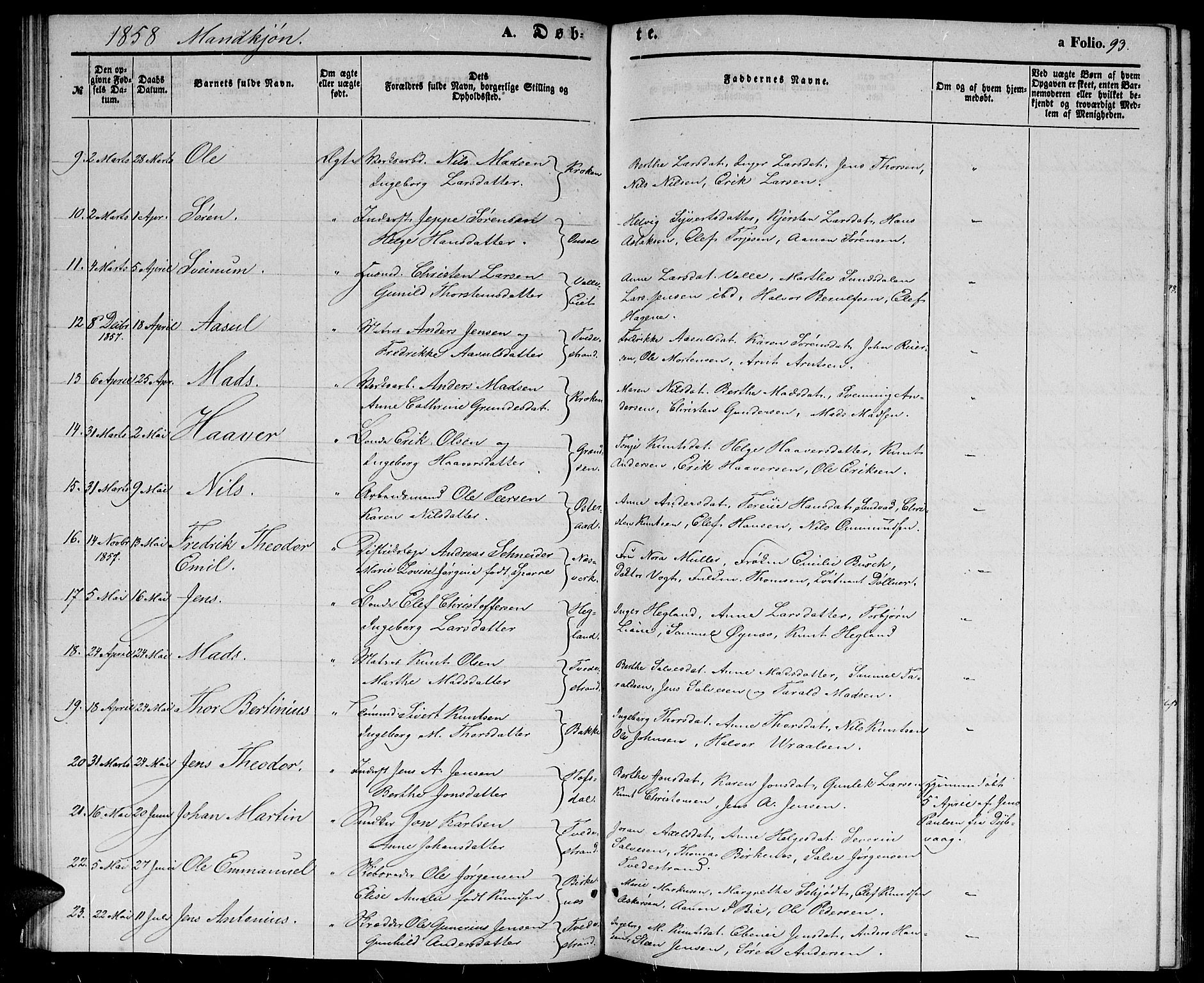 Holt sokneprestkontor, SAK/1111-0021/F/Fb/L0007: Parish register (copy) no. B 7, 1849-1858, p. 93