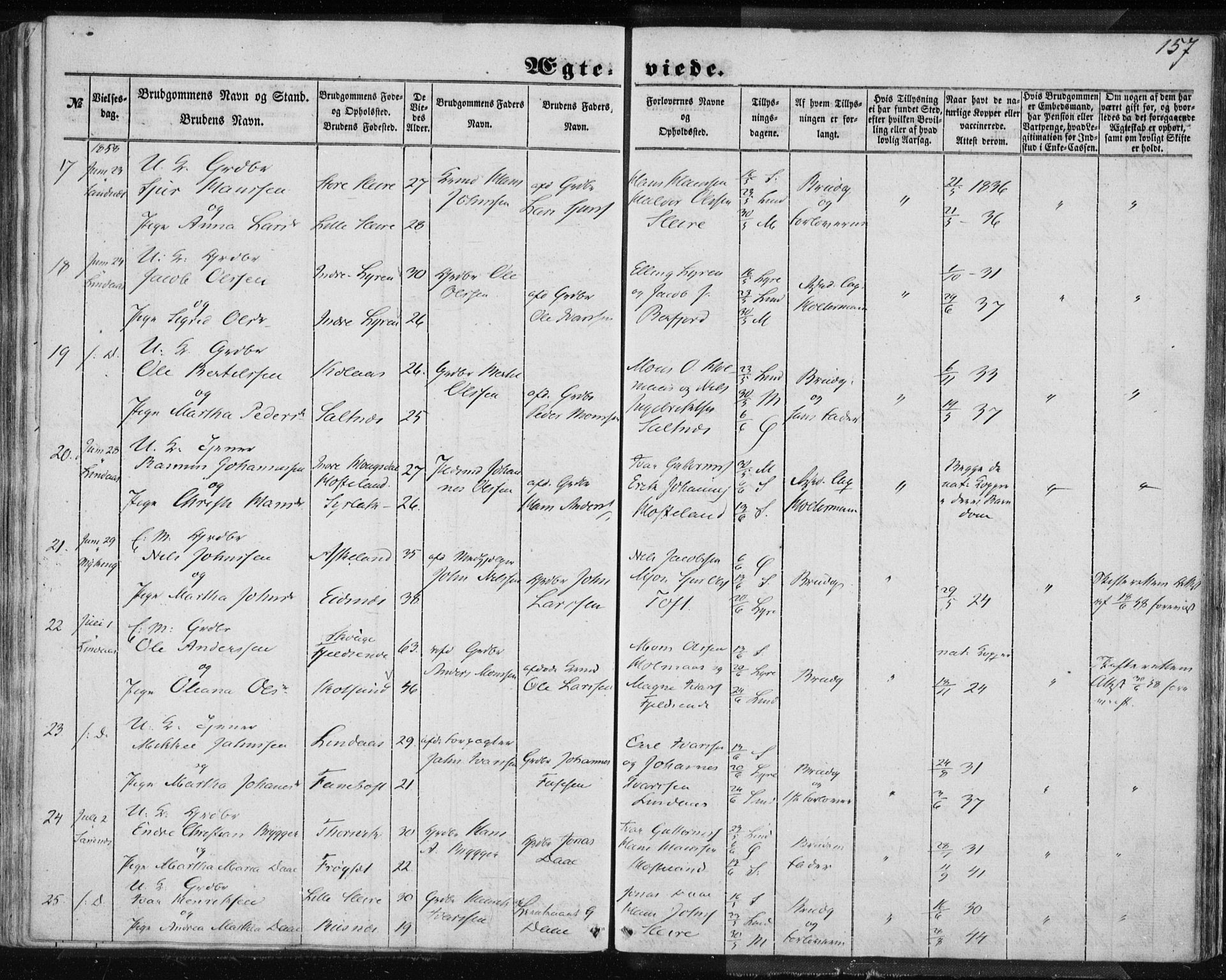 Lindås Sokneprestembete, AV/SAB-A-76701/H/Haa/Haaa/L0013: Parish register (official) no. A 13, 1848-1862, p. 157