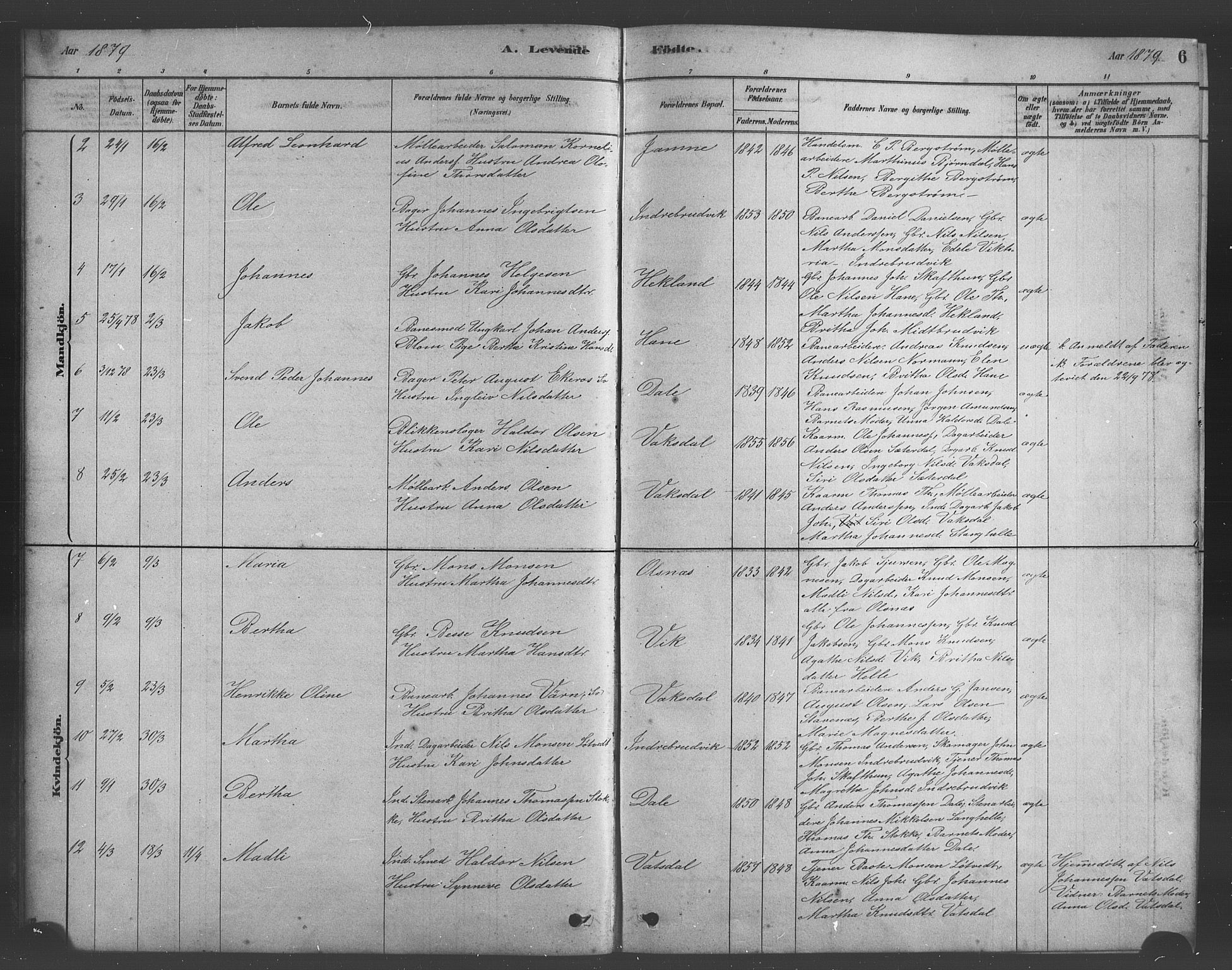 Bruvik Sokneprestembete, AV/SAB-A-74701/H/Hab: Parish register (copy) no. A 1, 1878-1907, p. 6