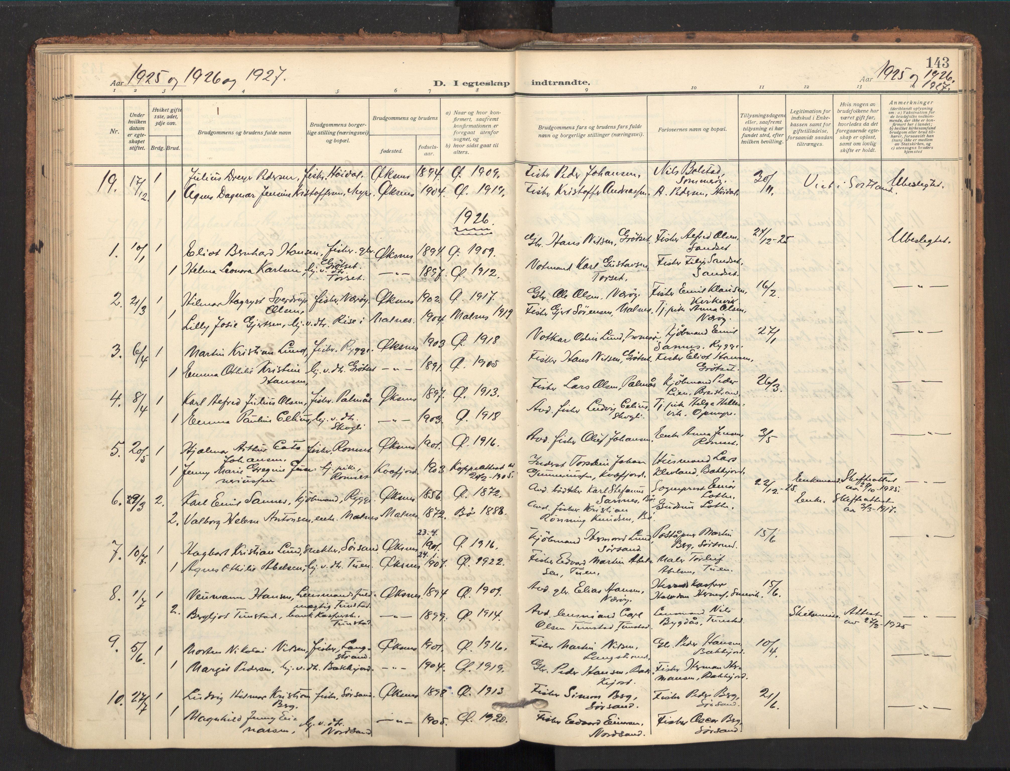 Ministerialprotokoller, klokkerbøker og fødselsregistre - Nordland, SAT/A-1459/893/L1343: Parish register (official) no. 893A15, 1914-1928, p. 143