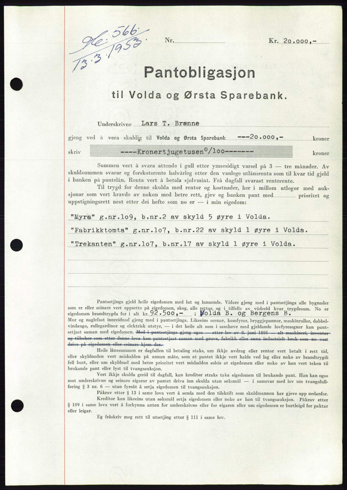 Søre Sunnmøre sorenskriveri, AV/SAT-A-4122/1/2/2C/L0123: Mortgage book no. 11B, 1953-1953, Diary no: : 566/1953