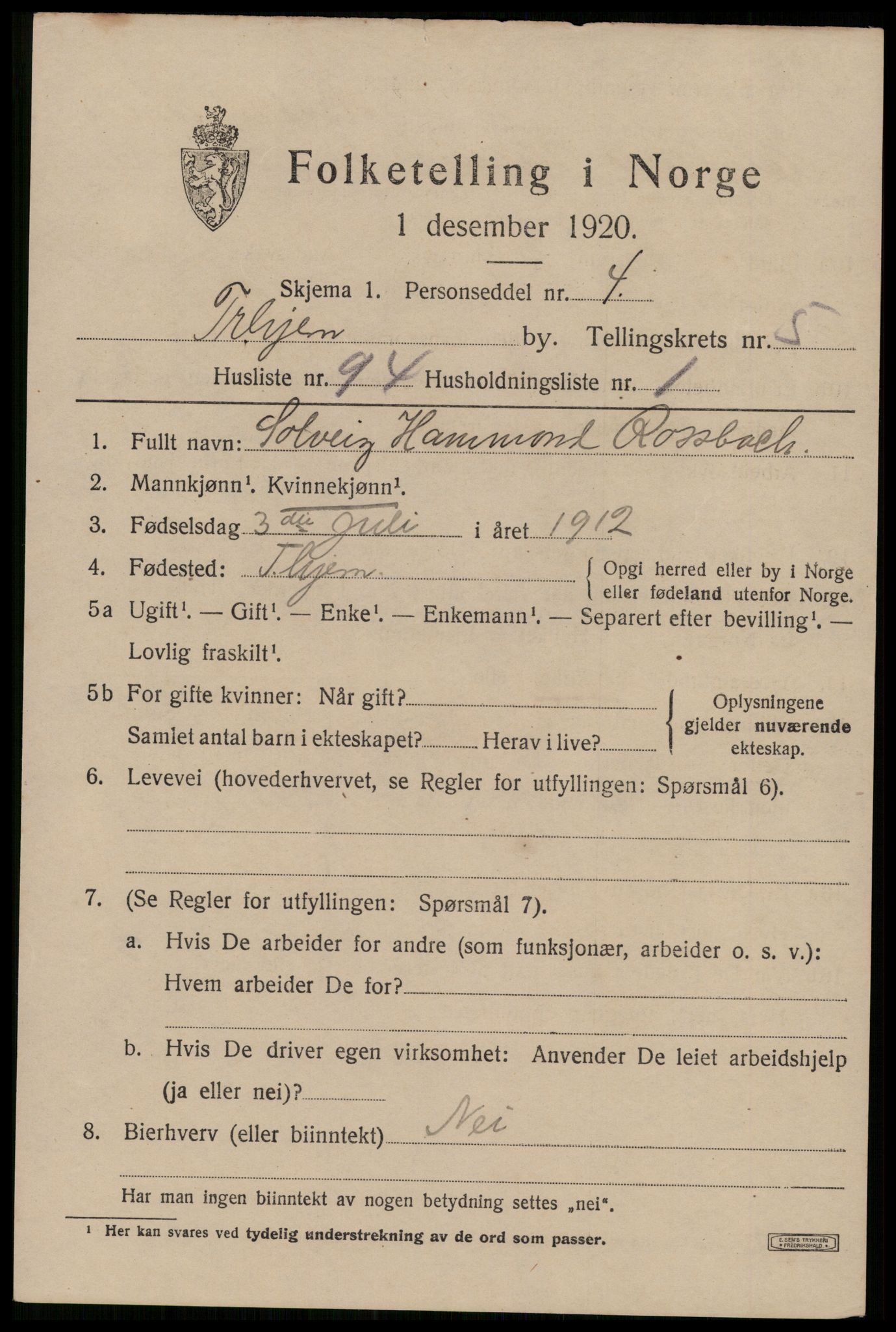 SAT, 1920 census for Trondheim, 1920, p. 39814