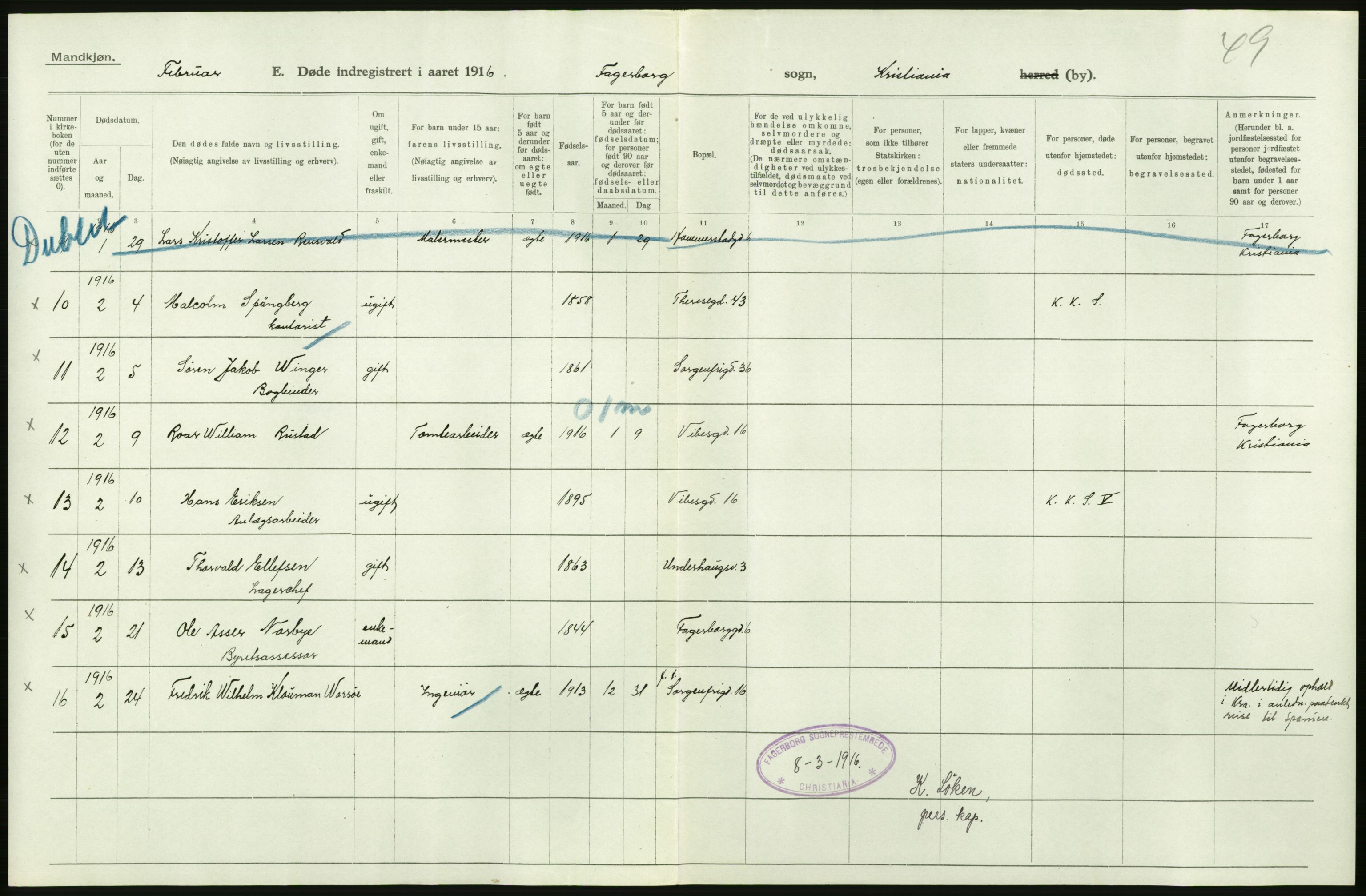 Statistisk sentralbyrå, Sosiodemografiske emner, Befolkning, AV/RA-S-2228/D/Df/Dfb/Dfbf/L0010: Kristiania: Døde, dødfødte., 1916, p. 368