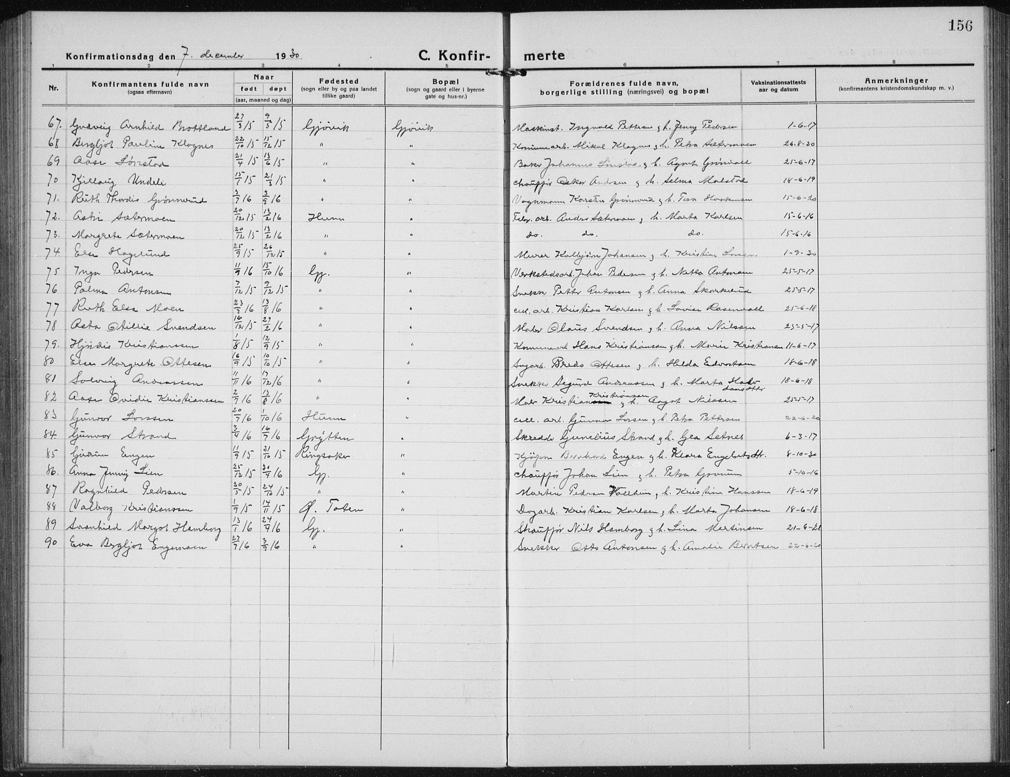 Vardal prestekontor, SAH/PREST-100/H/Ha/Hab/L0017: Parish register (copy) no. 17, 1922-1941, p. 156