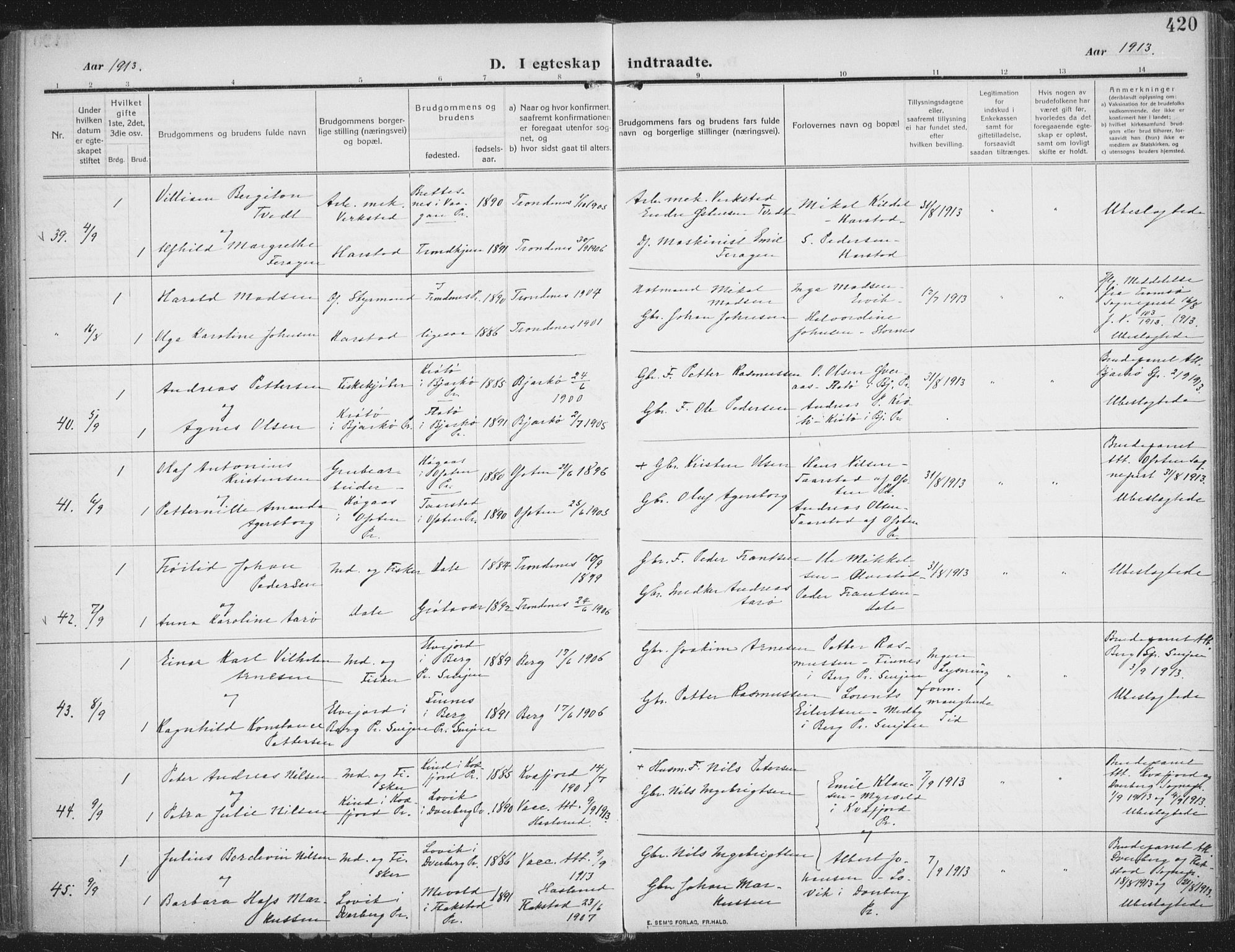 Trondenes sokneprestkontor, SATØ/S-1319/H/Ha/L0018kirke: Parish register (official) no. 18, 1909-1918, p. 420