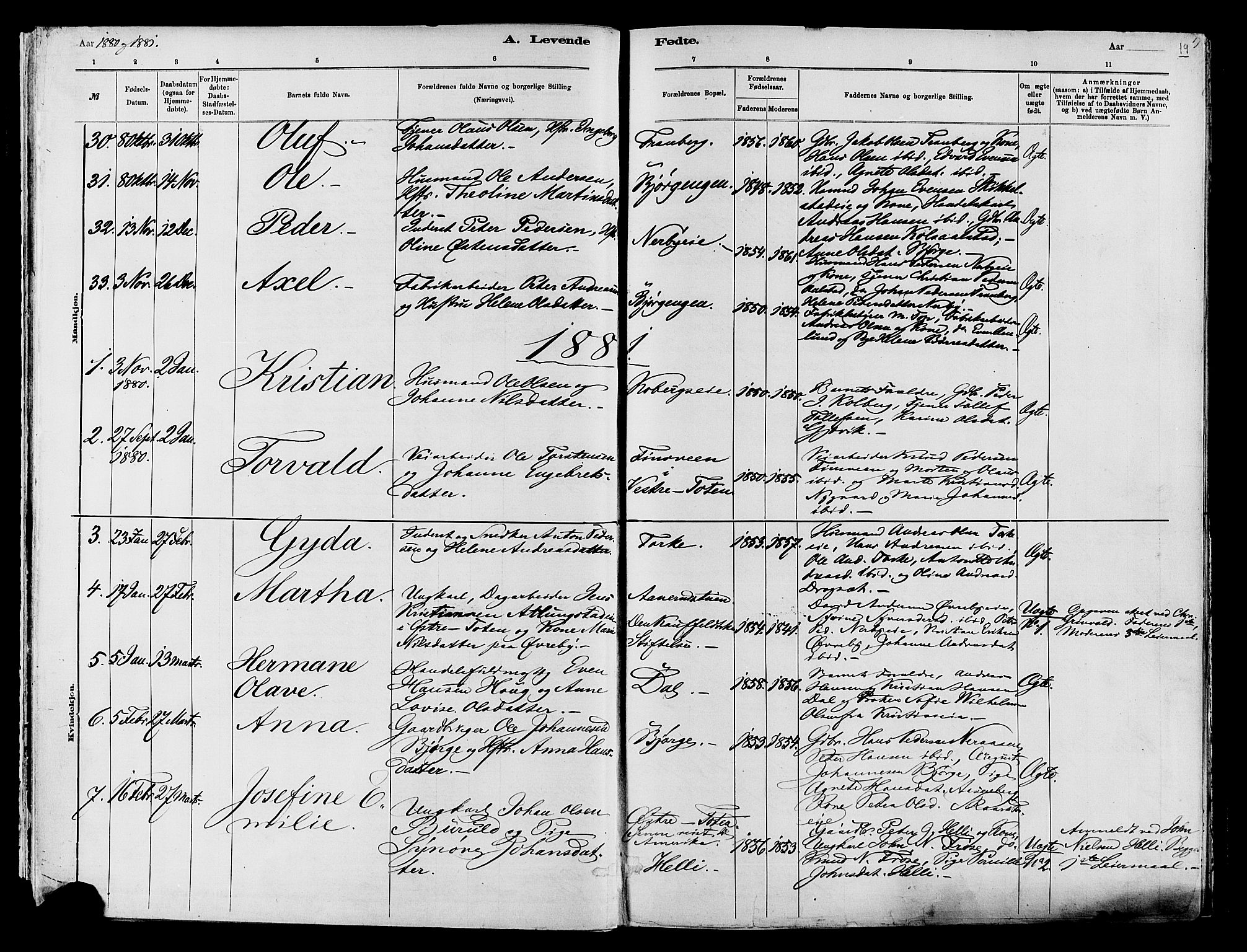 Vardal prestekontor, SAH/PREST-100/H/Ha/Haa/L0009: Parish register (official) no. 9, 1878-1892, p. 19