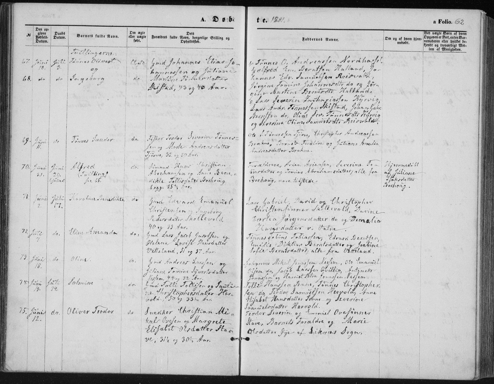 Lista sokneprestkontor, AV/SAK-1111-0027/F/Fb/L0004: Parish register (copy) no. B 4, 1877-1891, p. 62