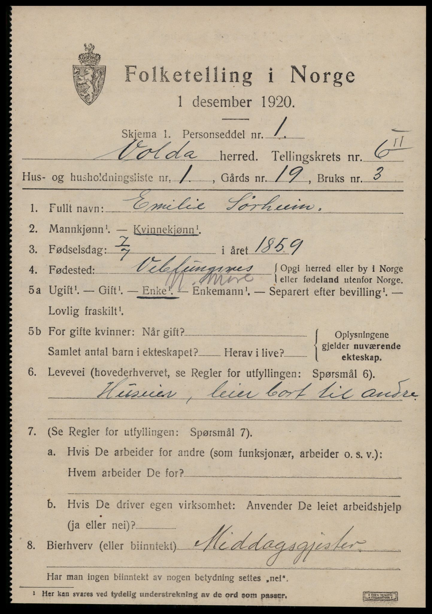 SAT, 1920 census for Volda, 1920, p. 5010