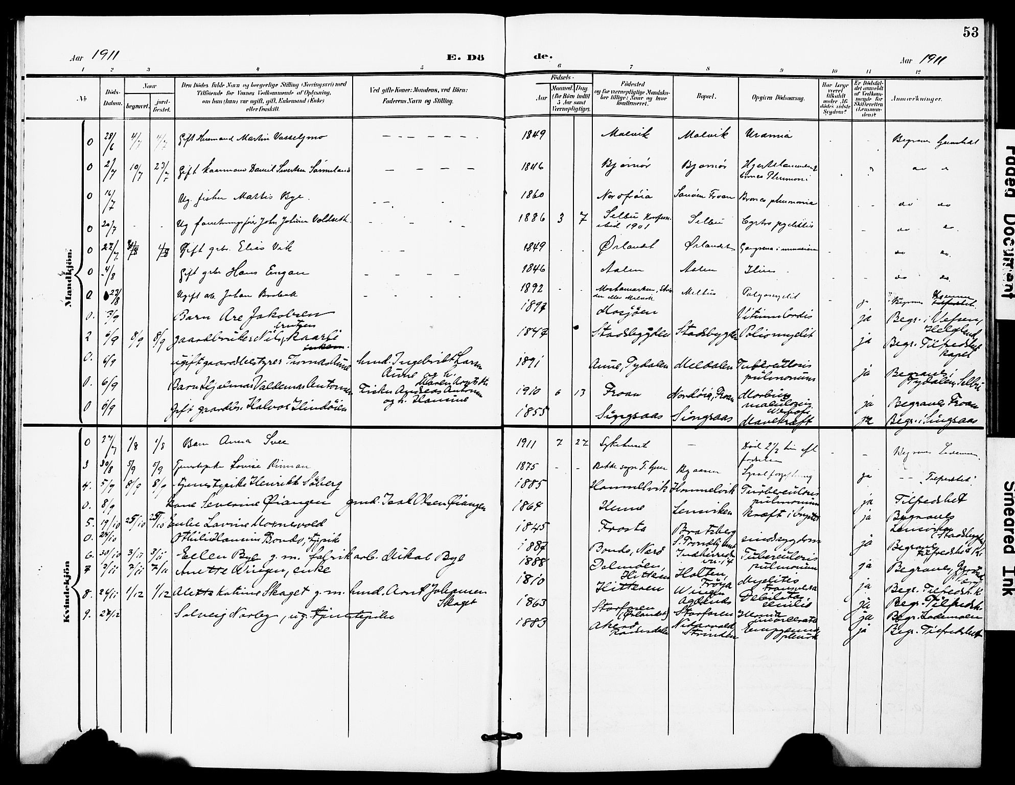 Ministerialprotokoller, klokkerbøker og fødselsregistre - Sør-Trøndelag, SAT/A-1456/628/L0483: Parish register (official) no. 628A01, 1902-1920, p. 53