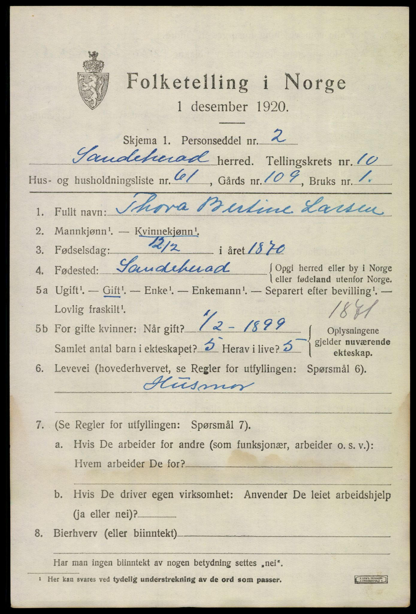 SAKO, 1920 census for Sandeherred, 1920, p. 15284