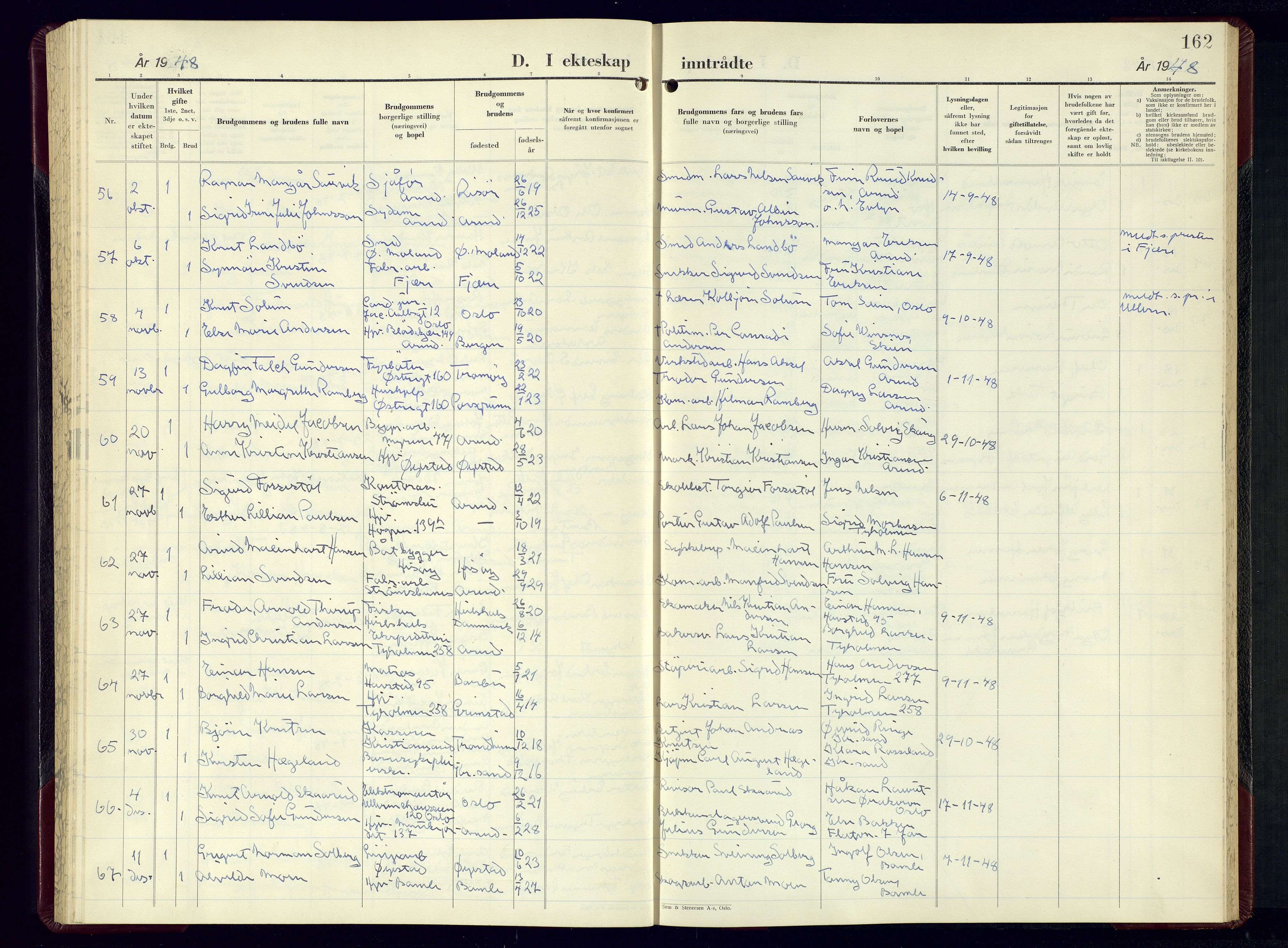 Arendal sokneprestkontor, Trefoldighet, AV/SAK-1111-0040/F/Fb/L0010: Parish register (copy) no. B-10, 1949-1960, p. 162