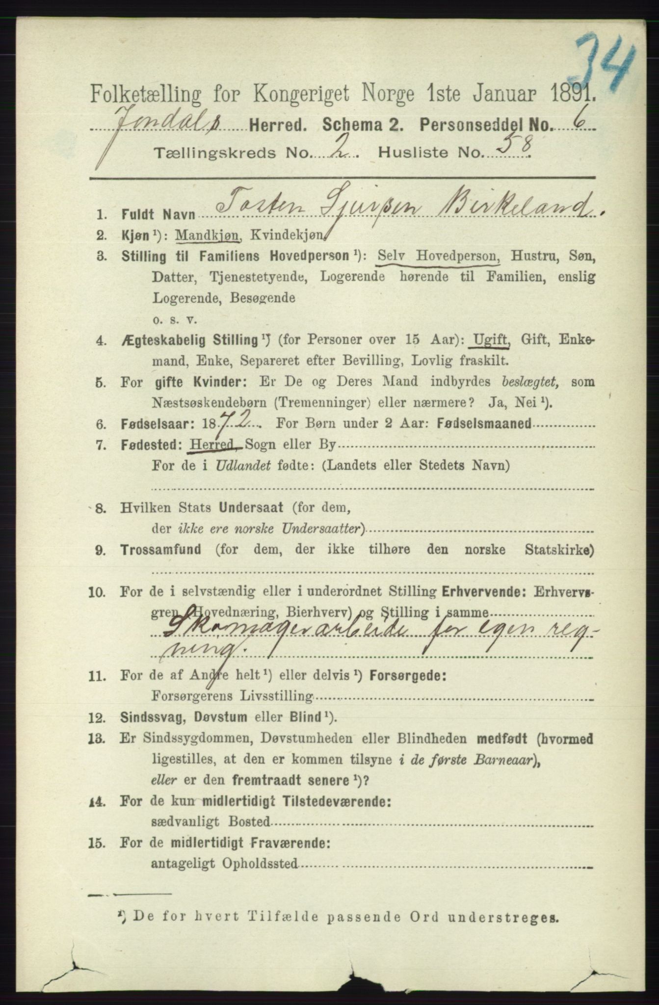 RA, 1891 census for 1227 Jondal, 1891, p. 1168