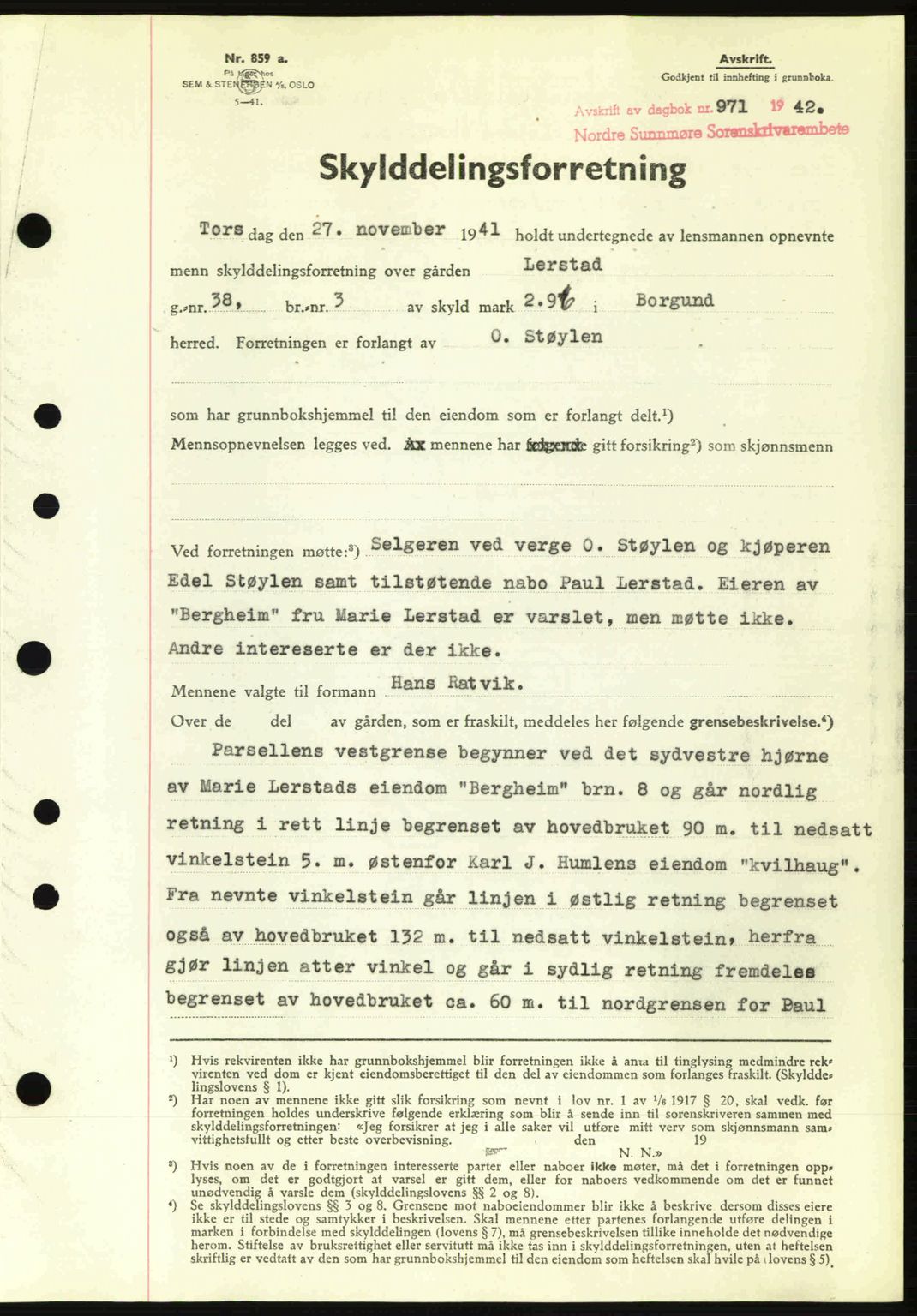 Nordre Sunnmøre sorenskriveri, AV/SAT-A-0006/1/2/2C/2Ca: Mortgage book no. A13, 1942-1942, Diary no: : 971/1942