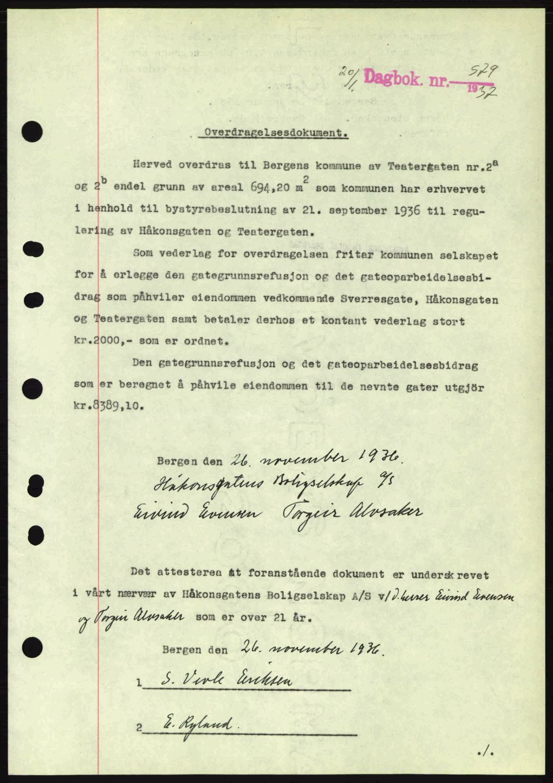 Byfogd og Byskriver i Bergen, SAB/A-3401/03/03Bc/L0004: Mortgage book no. A3-4, 1936-1937, Diary no: : 579/1937