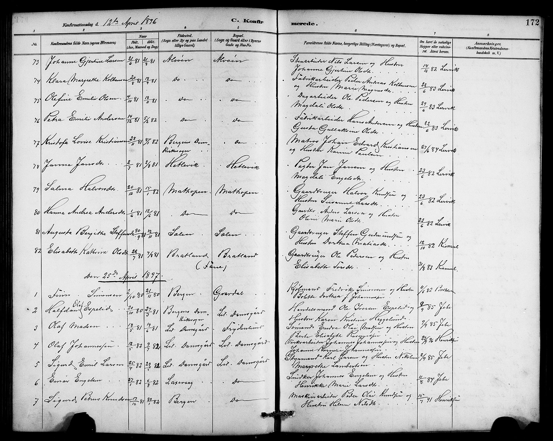 Laksevåg Sokneprestembete, SAB/A-76501/H/Ha/Hab/Haba/L0003: Parish register (copy) no. A 3, 1887-1899, p. 172