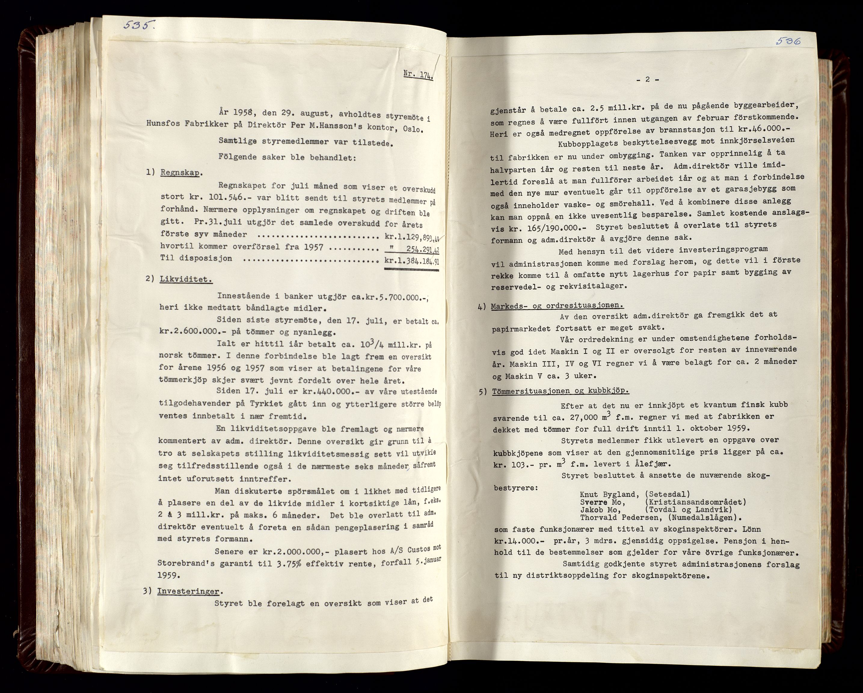 Hunsfos fabrikker, AV/SAK-D/1440/02/L0007: Referatprotokoll fra styremøter (møte nr 114-221), 1951-1964, p. 535-536