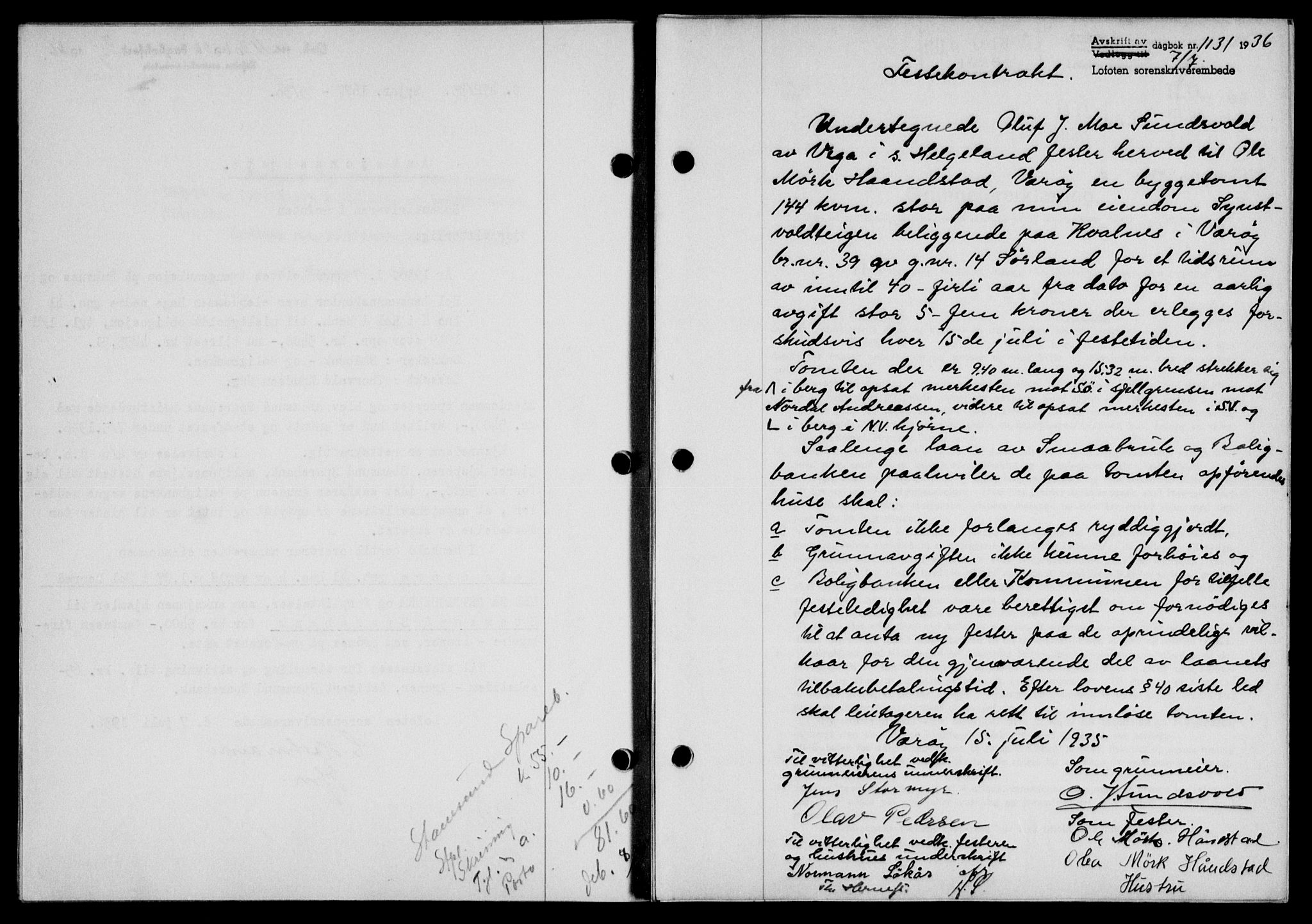 Lofoten sorenskriveri, SAT/A-0017/1/2/2C/L0001a: Mortgage book no. 1a, 1936-1937, Diary no: : 1131/1936