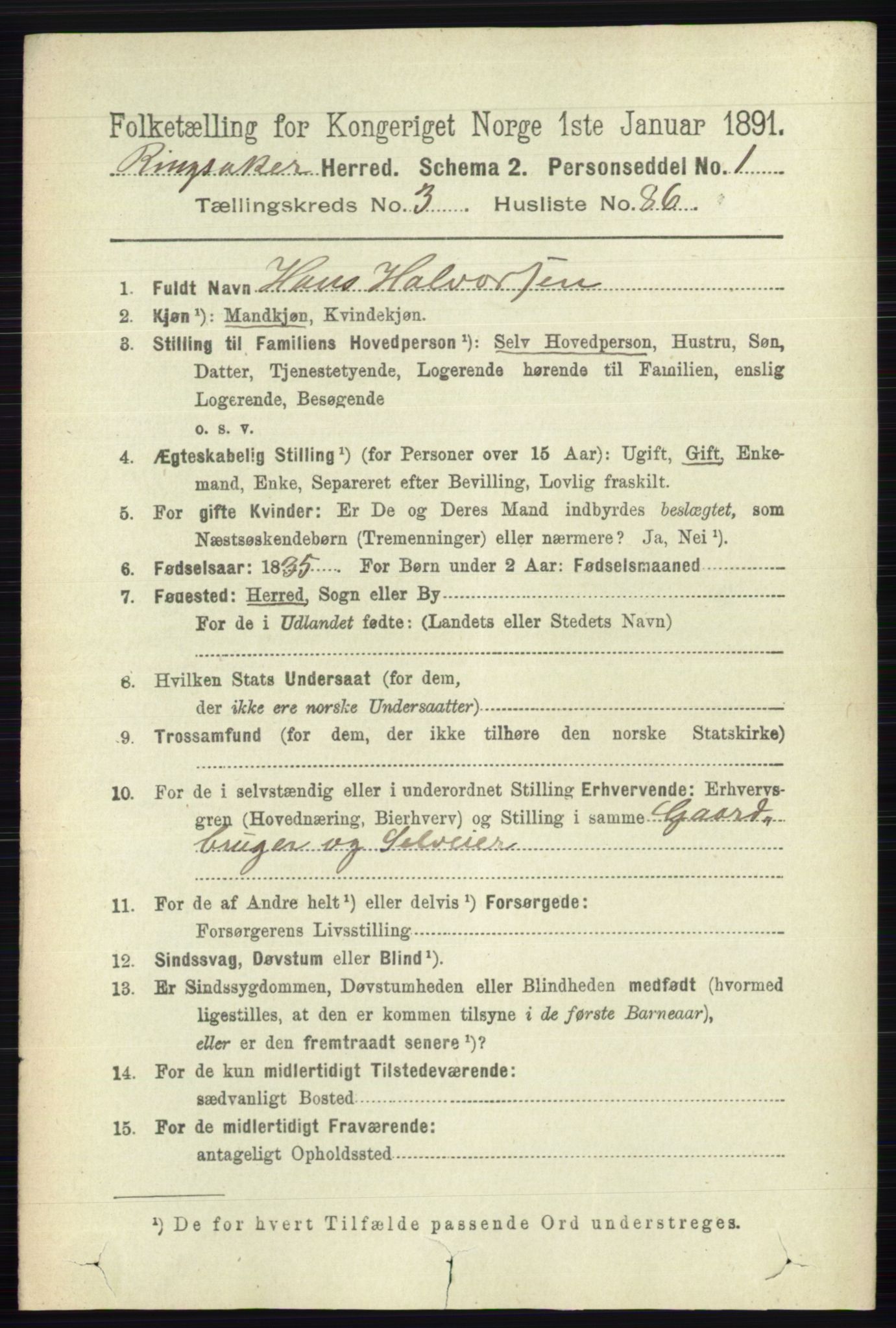 RA, 1891 census for 0412 Ringsaker, 1891, p. 1674