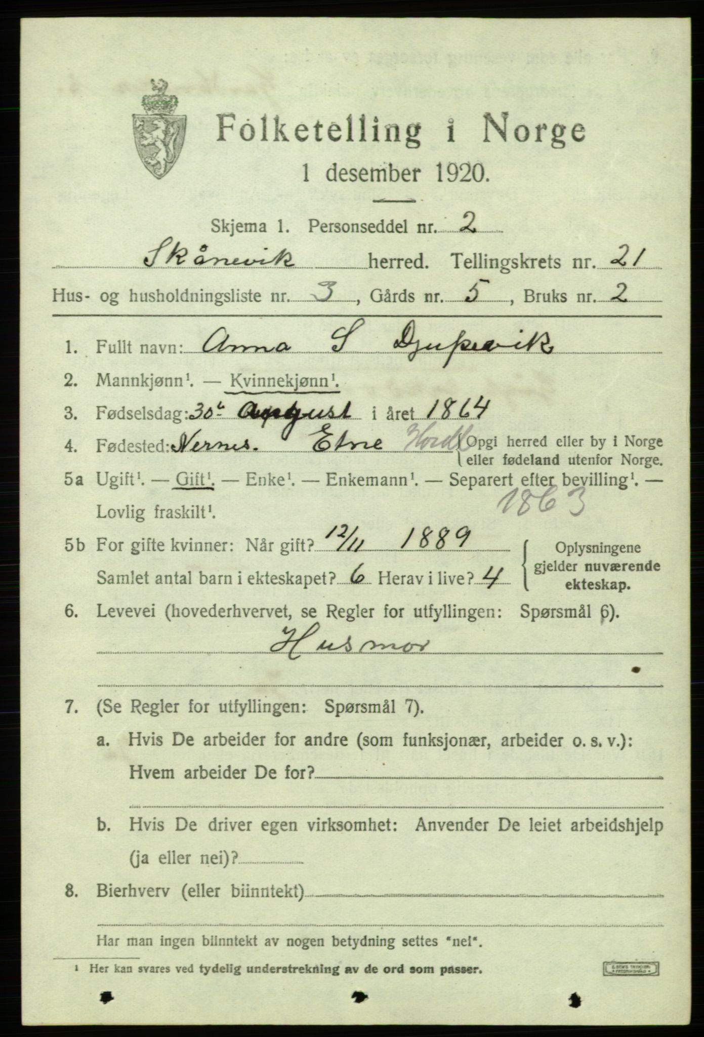 SAB, 1920 census for Skånevik, 1920, p. 7785