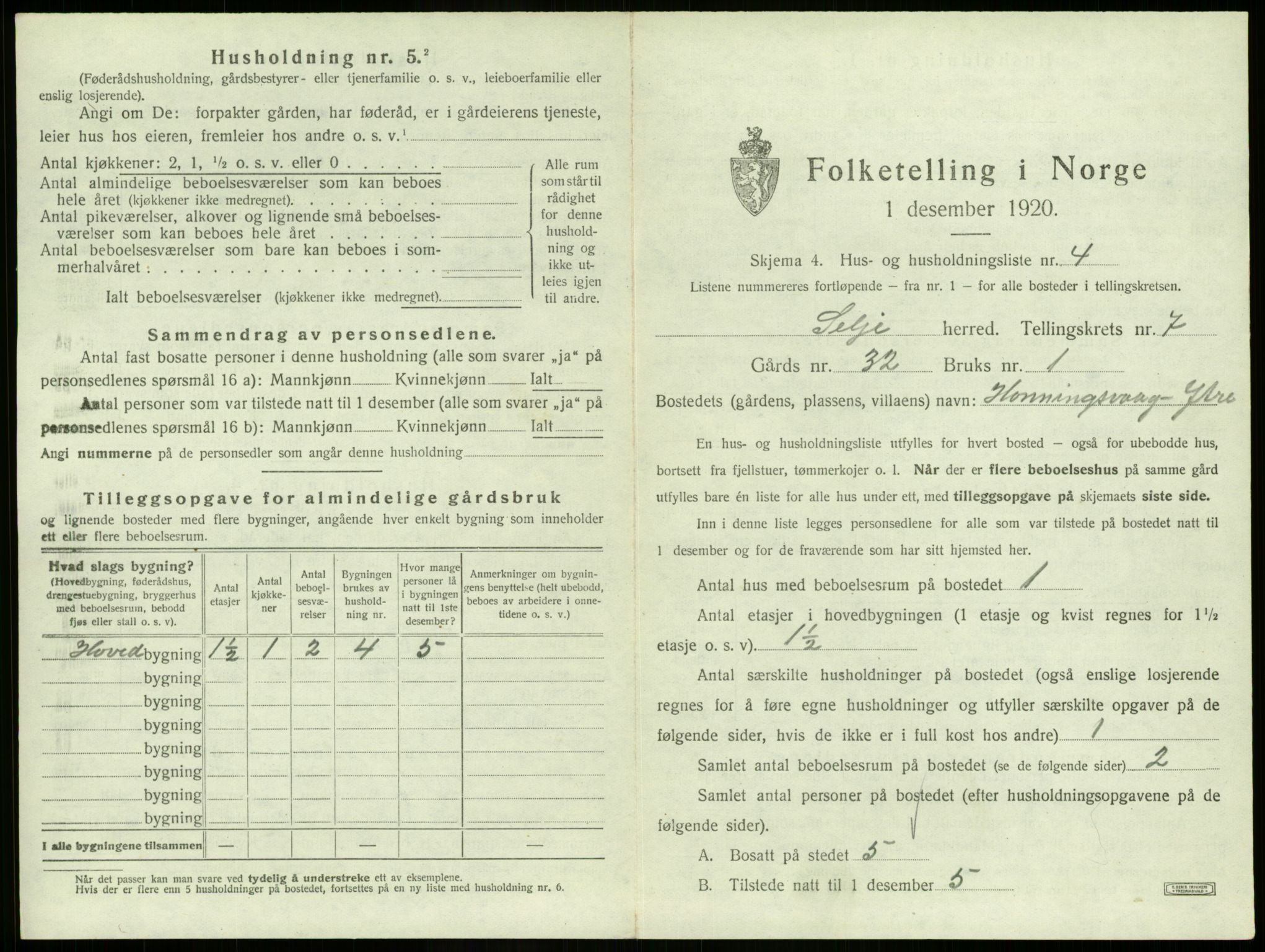 SAB, 1920 census for Selje, 1920, p. 455