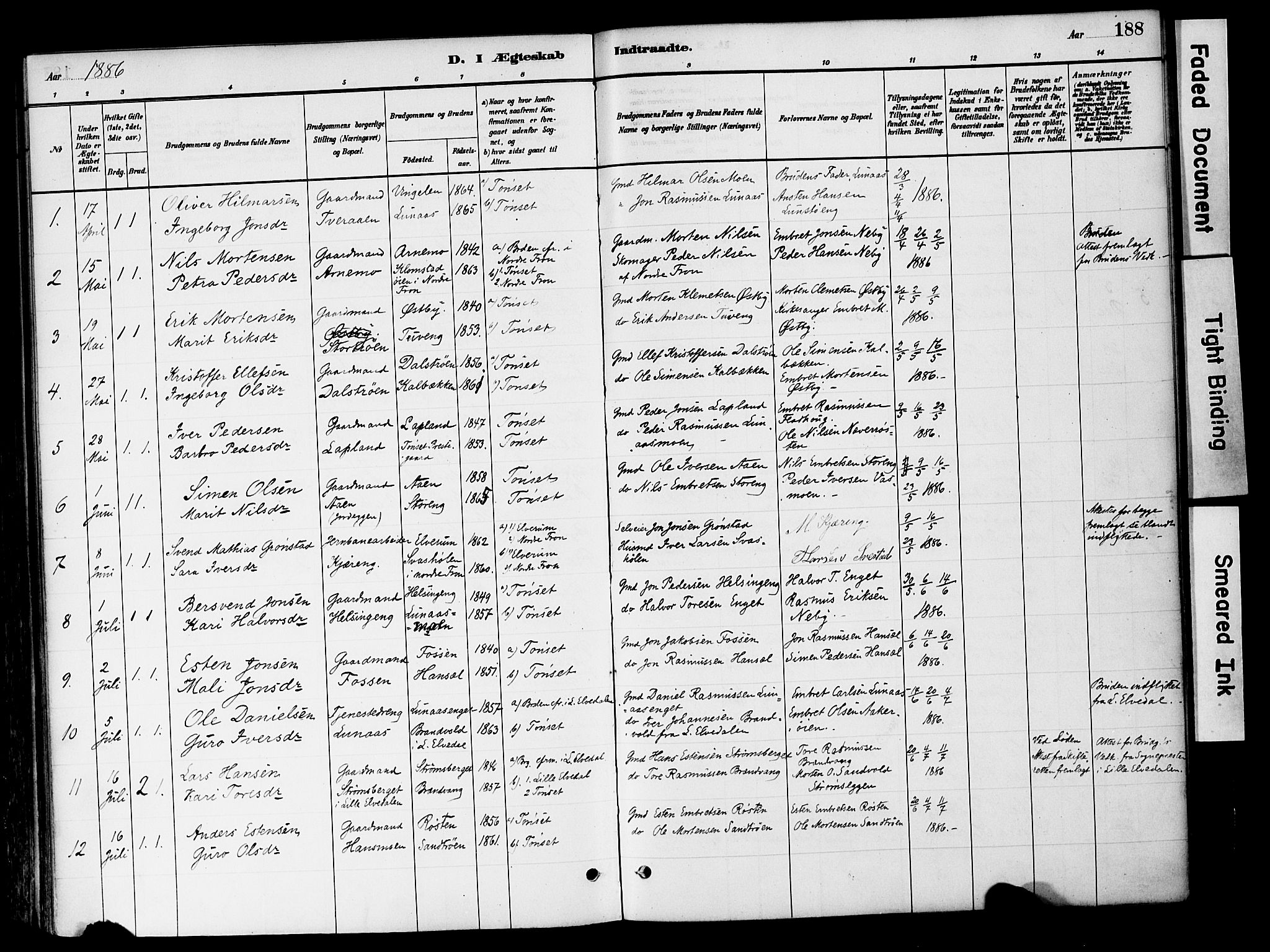Tynset prestekontor, SAH/PREST-058/H/Ha/Haa/L0022: Parish register (official) no. 22, 1880-1899, p. 188