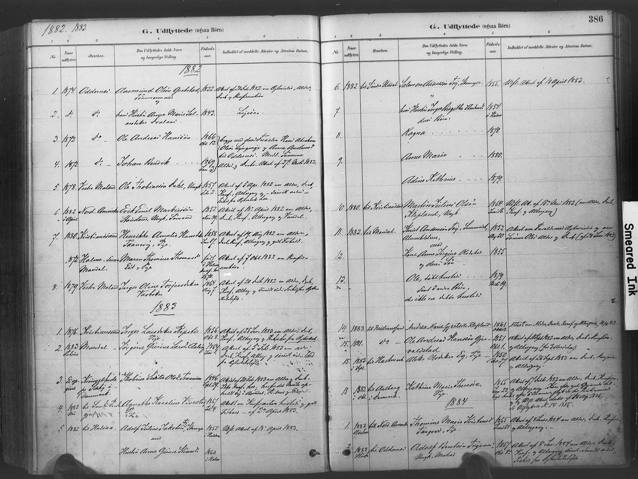 Søgne sokneprestkontor, SAK/1111-0037/F/Fa/Fab/L0012: Parish register (official) no. A 12, 1880-1891, p. 386