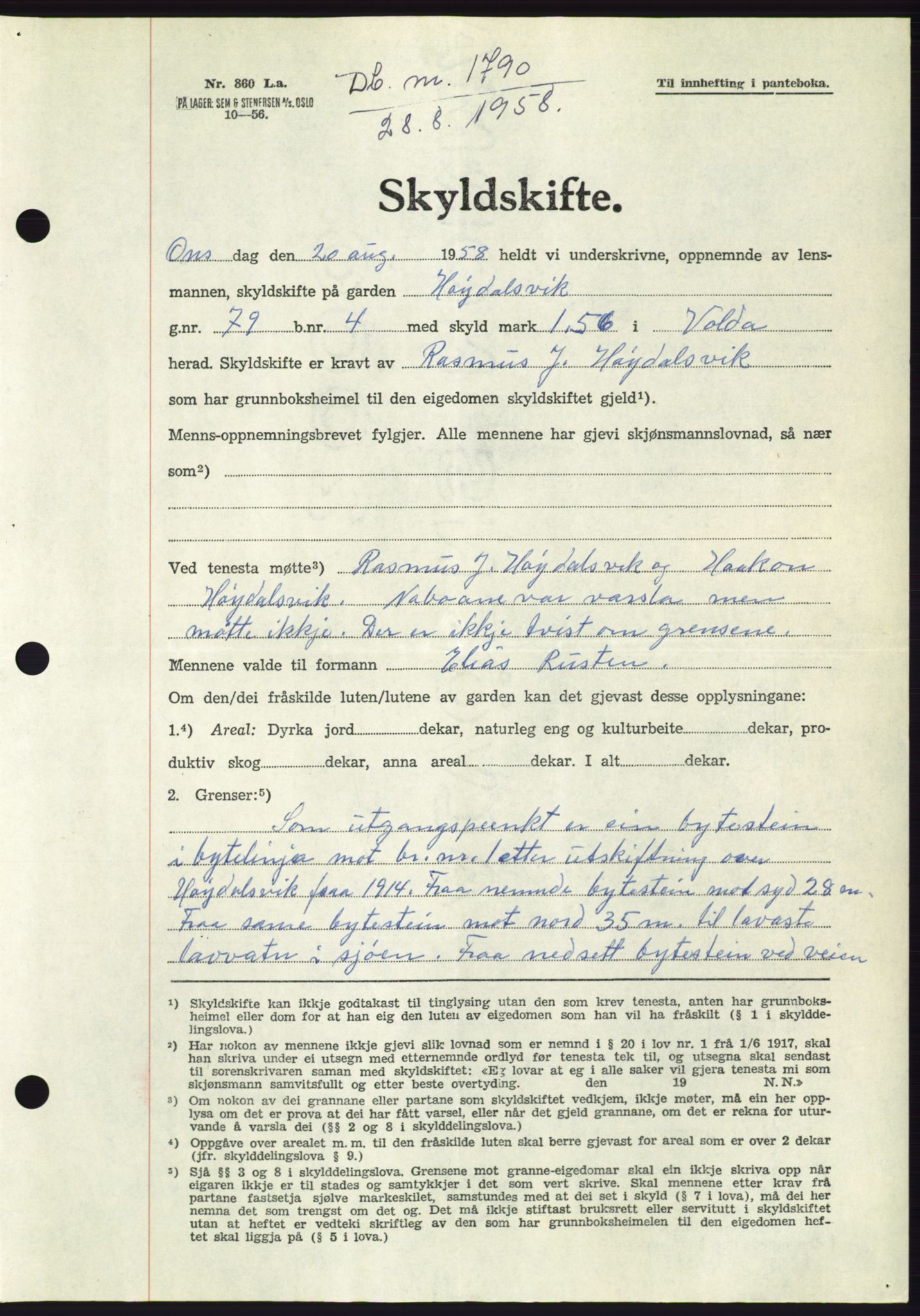Søre Sunnmøre sorenskriveri, AV/SAT-A-4122/1/2/2C/L0110: Mortgage book no. 36A, 1958-1958, Diary no: : 1790/1958