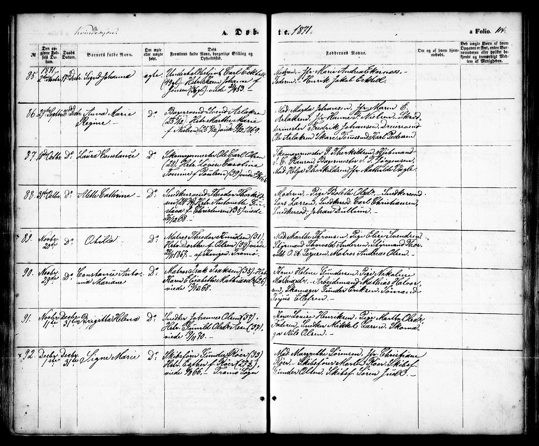 Arendal sokneprestkontor, Trefoldighet, SAK/1111-0040/F/Fa/L0007: Parish register (official) no. A 7, 1868-1878, p. 114