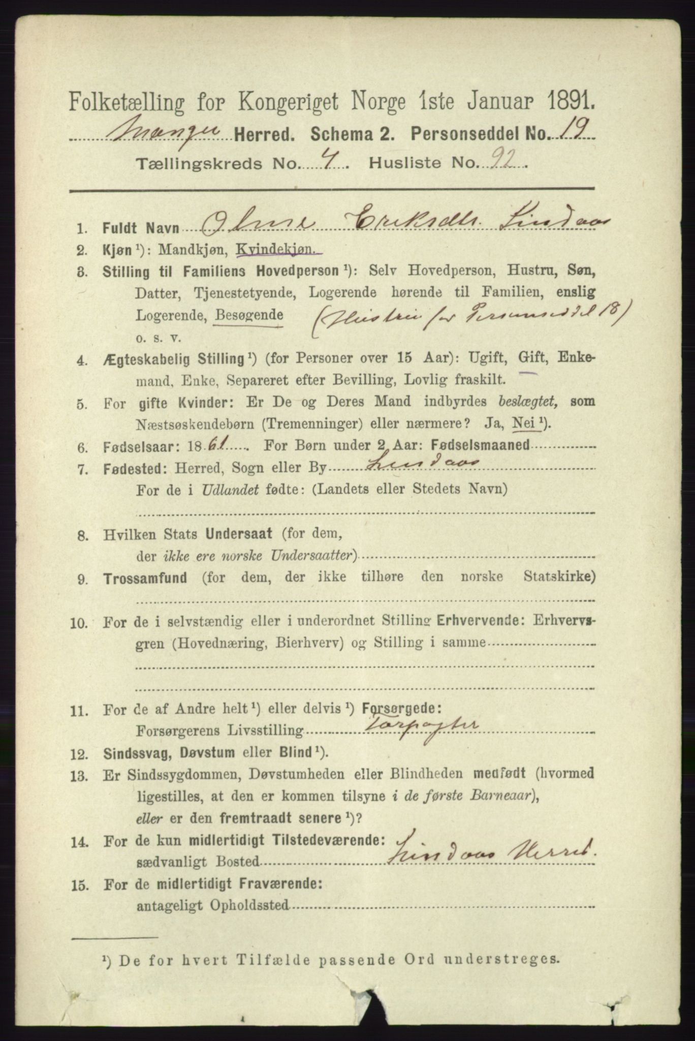 RA, 1891 census for 1261 Manger, 1891, p. 2540