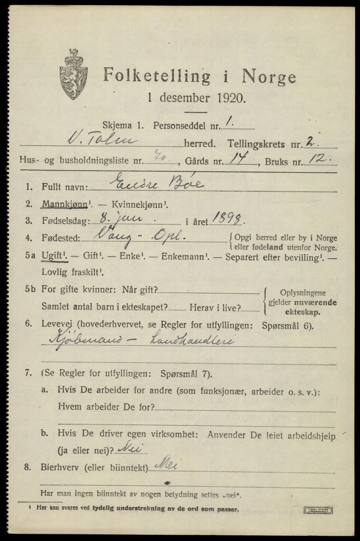 SAH, 1920 census for Vestre Toten, 1920, p. 4324