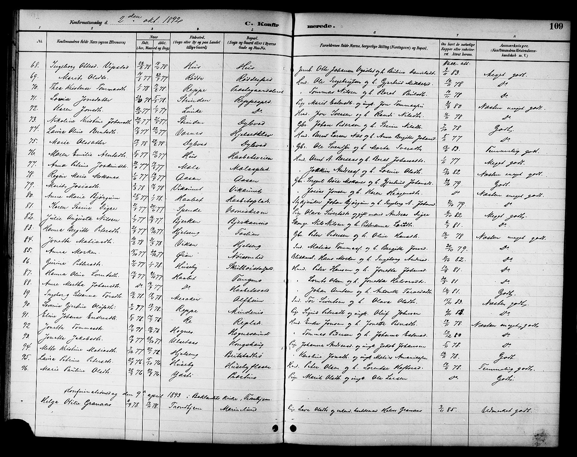 Ministerialprotokoller, klokkerbøker og fødselsregistre - Nord-Trøndelag, SAT/A-1458/709/L0087: Parish register (copy) no. 709C01, 1892-1913, p. 109