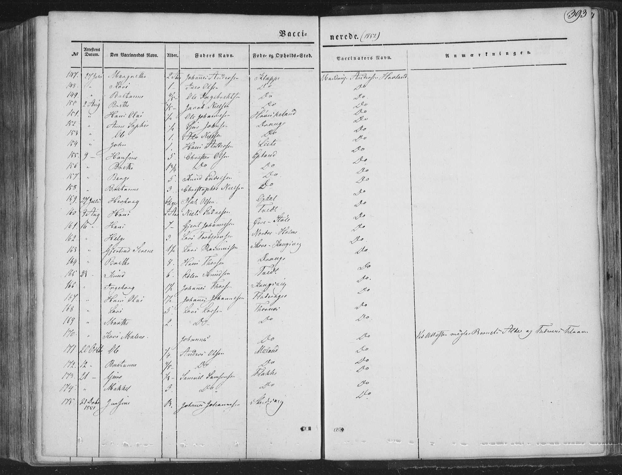 Tysnes sokneprestembete, AV/SAB-A-78601/H/Haa: Parish register (official) no. A 10, 1848-1859, p. 393