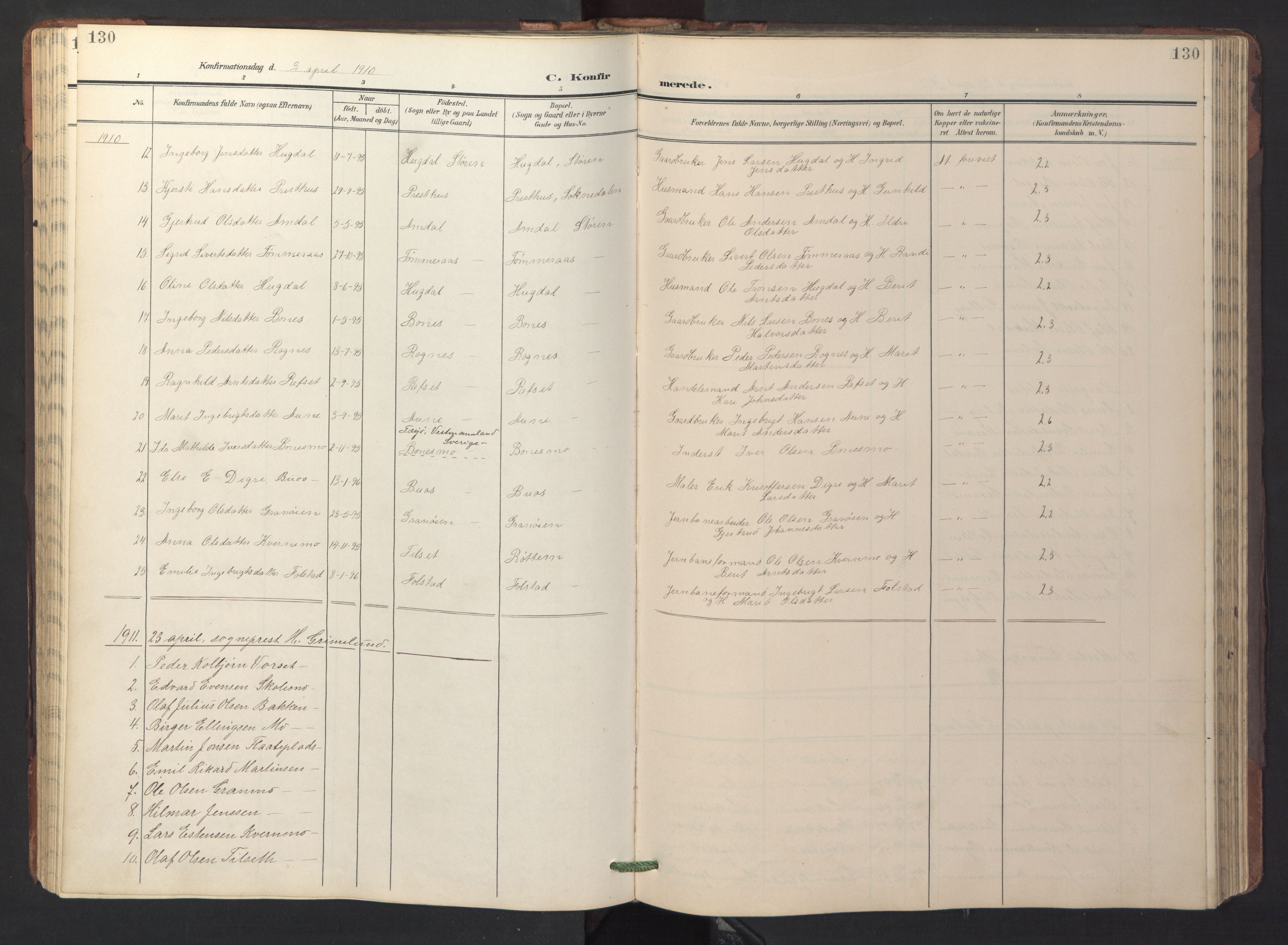 Ministerialprotokoller, klokkerbøker og fødselsregistre - Sør-Trøndelag, SAT/A-1456/687/L1019: Parish register (copy) no. 687C03, 1904-1931, p. 130