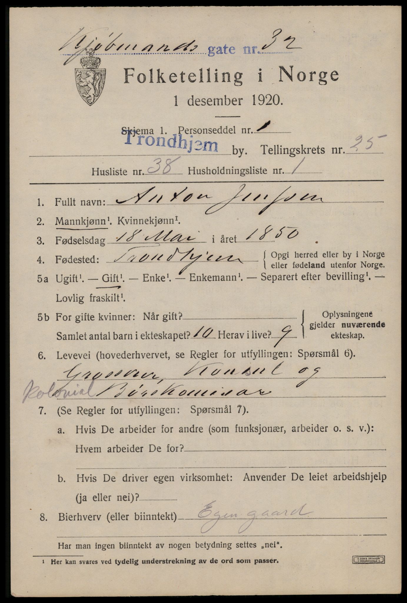 SAT, 1920 census for Trondheim, 1920, p. 66158
