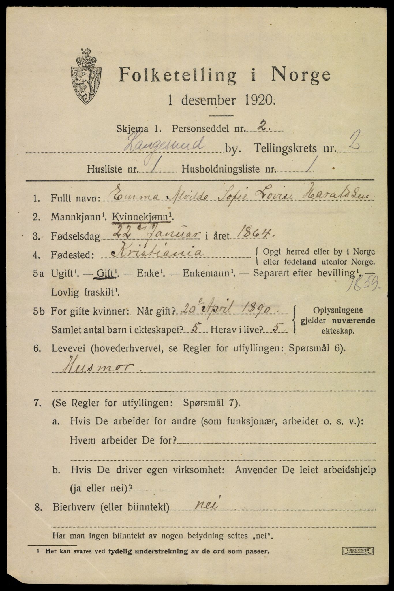 SAKO, 1920 census for Langesund, 1920, p. 3687