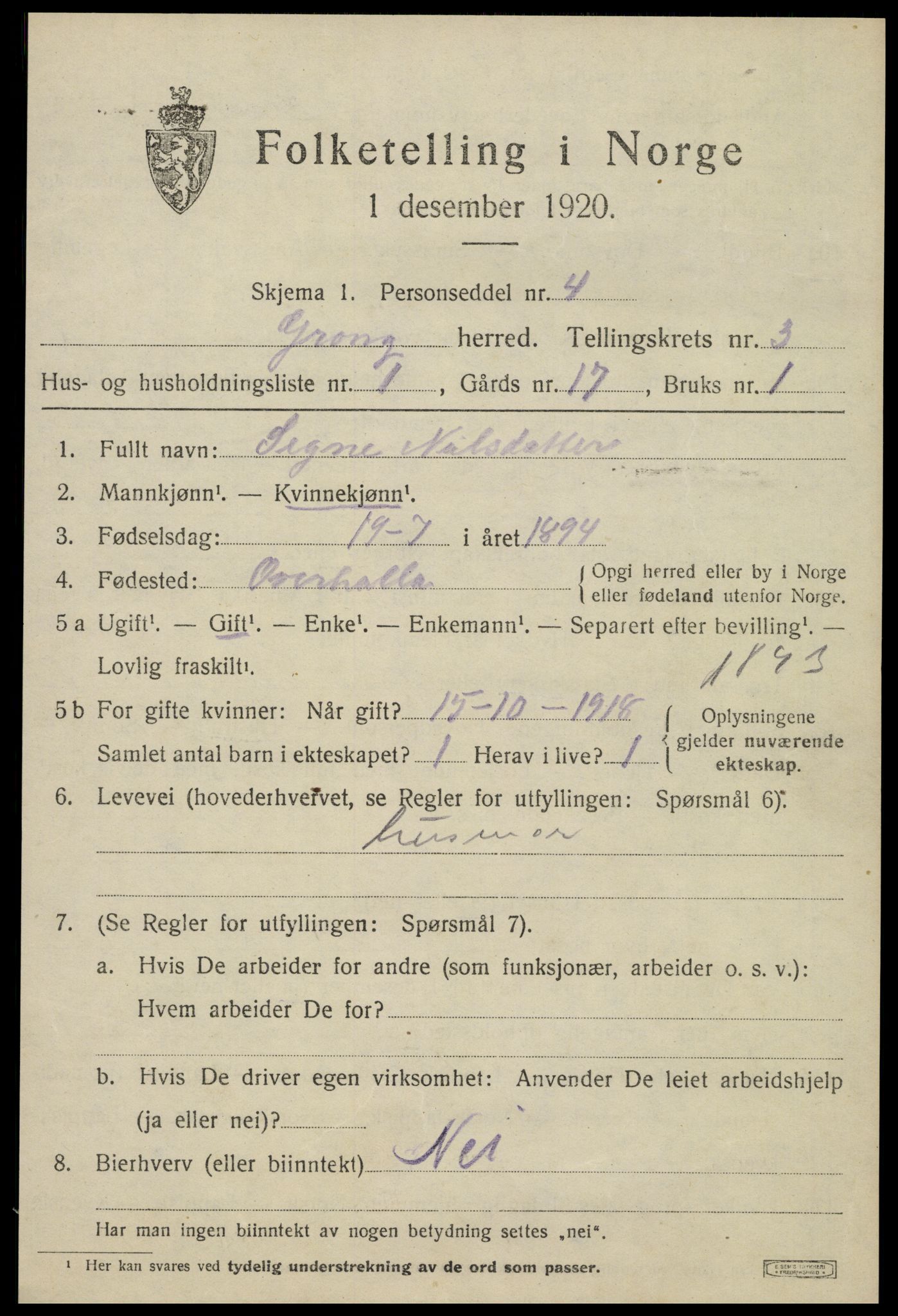 SAT, 1920 census for Grong, 1920, p. 2197