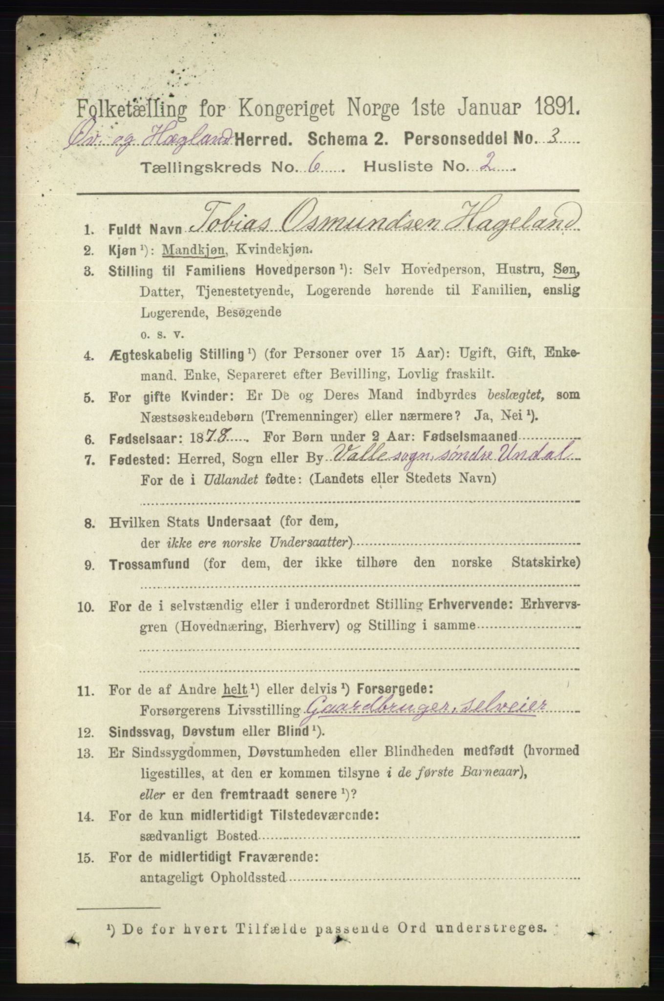 RA, 1891 census for 1016 Øvrebø og Hægeland, 1891, p. 1174