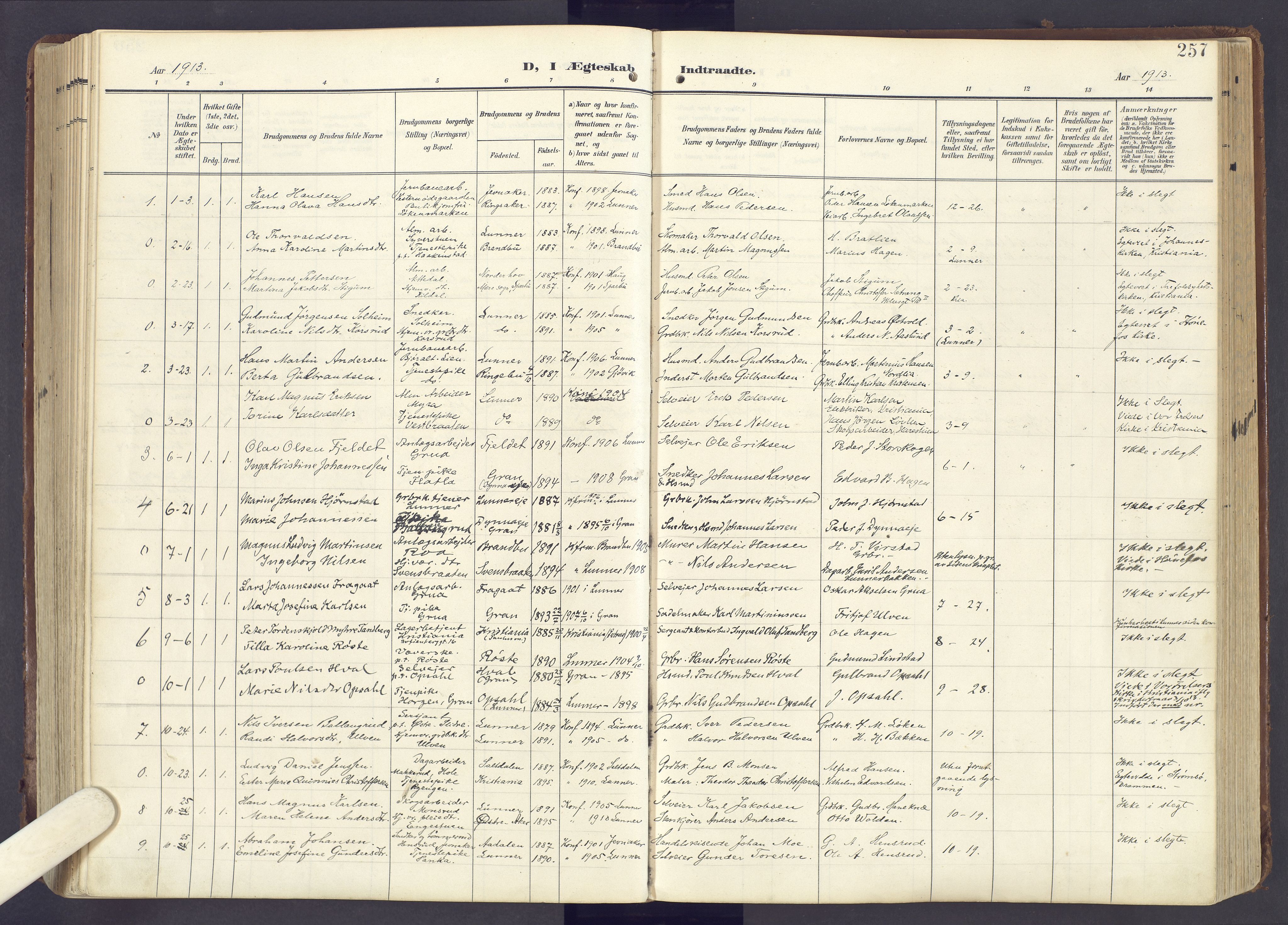 Lunner prestekontor, SAH/PREST-118/H/Ha/Haa/L0001: Parish register (official) no. 1, 1907-1922, p. 257