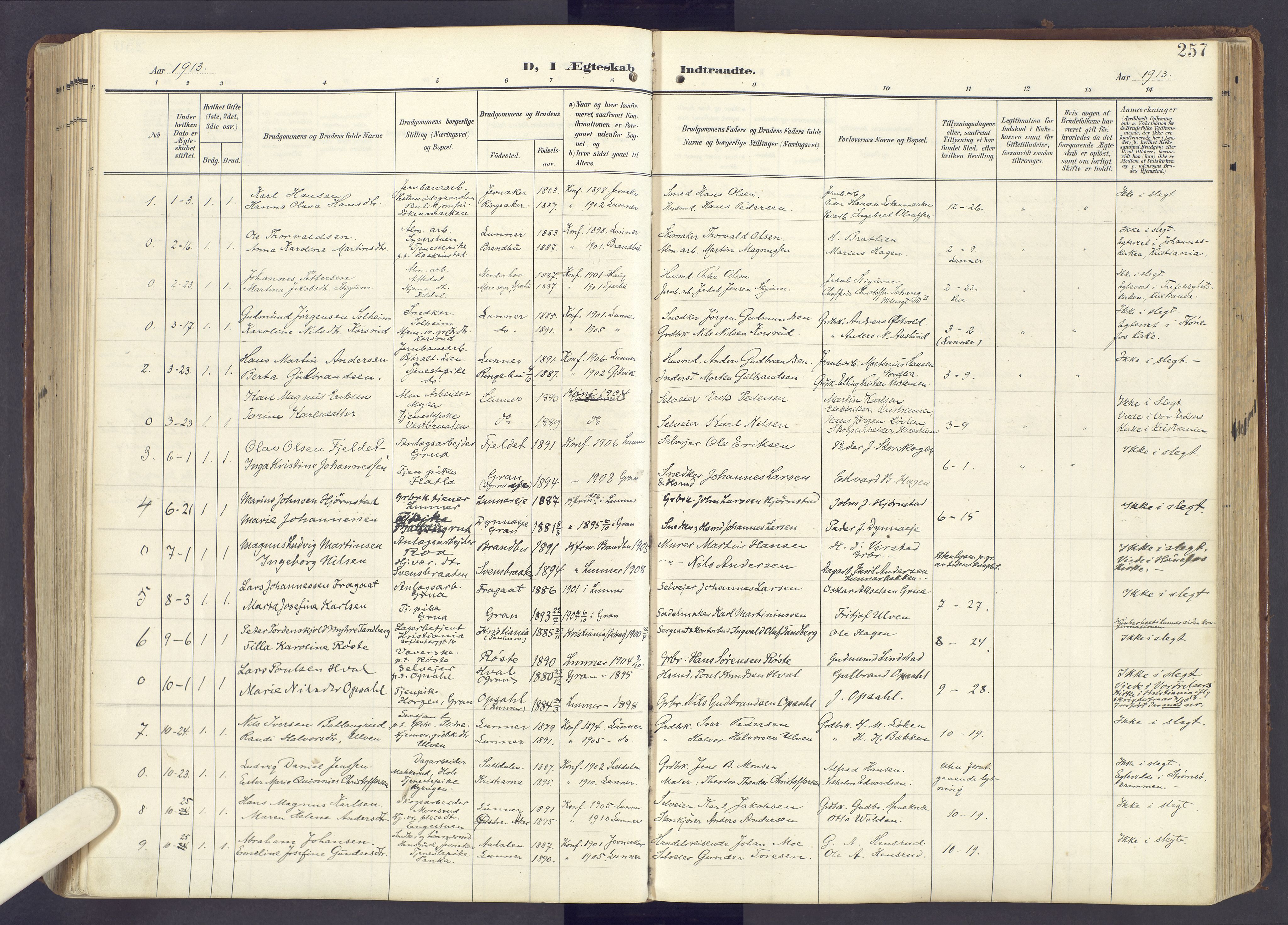 Lunner prestekontor, AV/SAH-PREST-118/H/Ha/Haa/L0001: Parish register (official) no. 1, 1907-1922, p. 257
