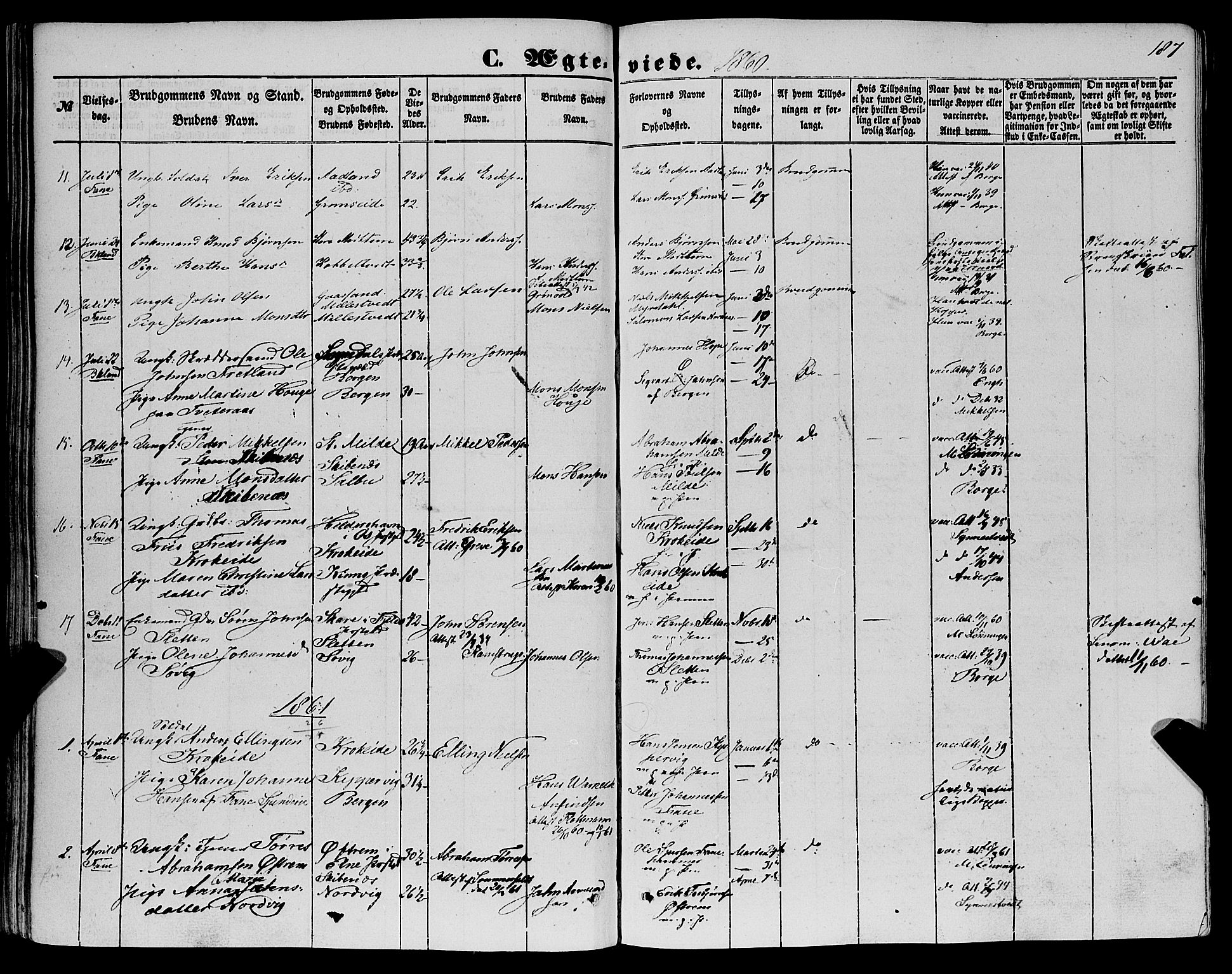 Fana Sokneprestembete, SAB/A-75101/H/Haa/Haaa/L0011: Parish register (official) no. A 11, 1851-1862, p. 187