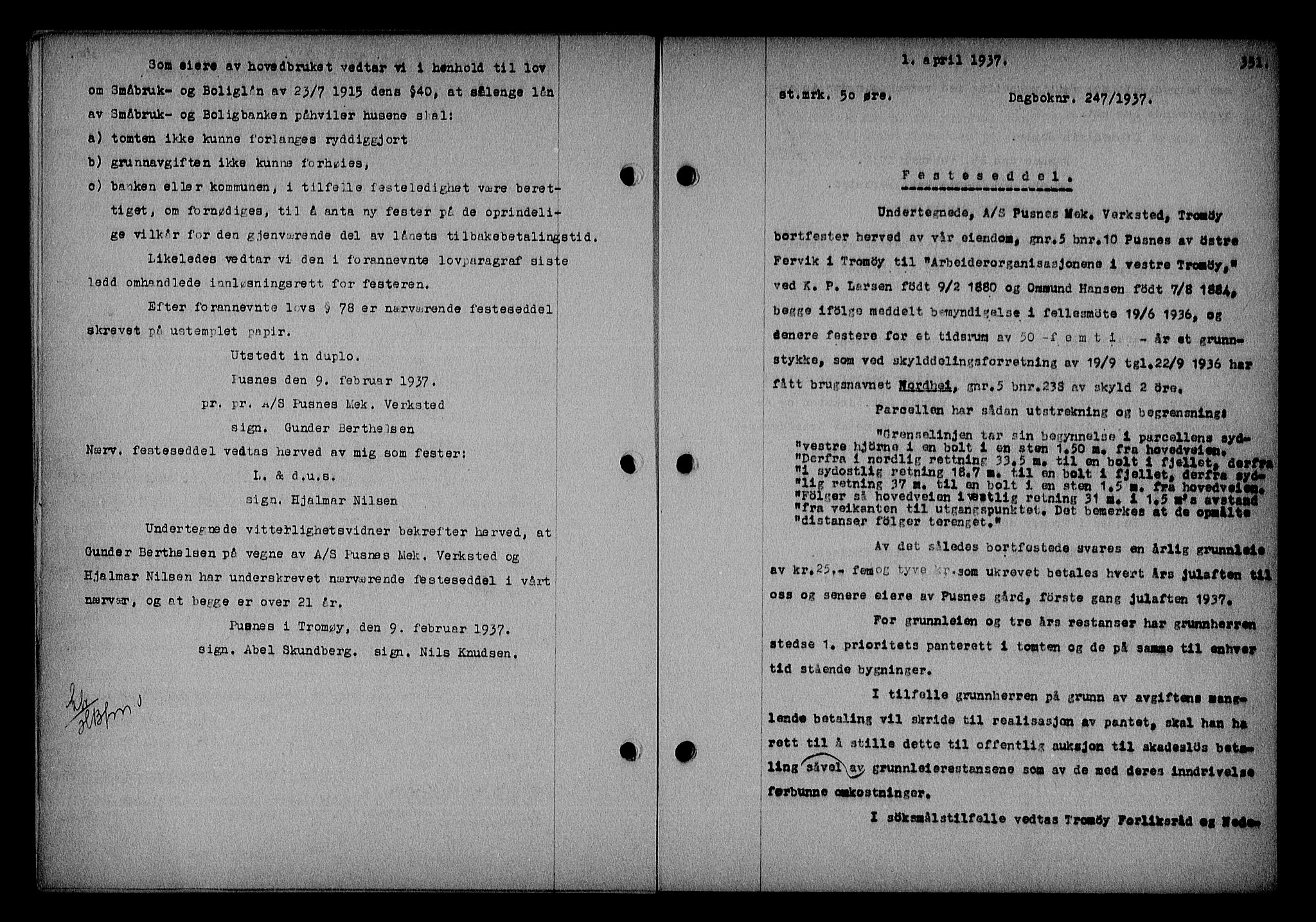 Nedenes sorenskriveri, SAK/1221-0006/G/Gb/Gba/L0043: Mortgage book no. 39, 1936-1937, Diary no: : 247/1937