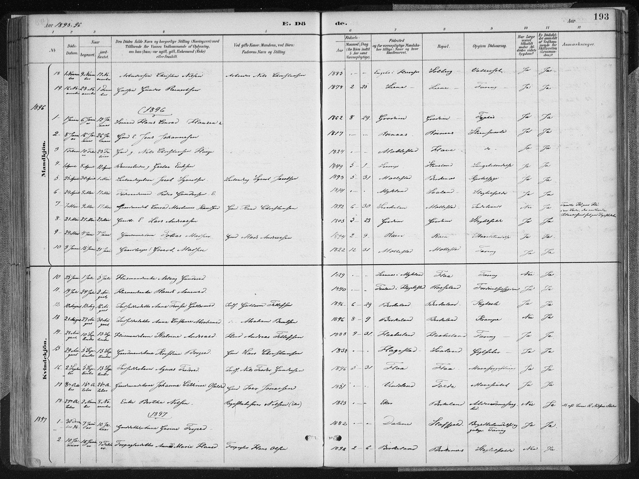 Birkenes sokneprestkontor, SAK/1111-0004/F/Fa/L0005: Parish register (official) no. A 5, 1887-1907, p. 193