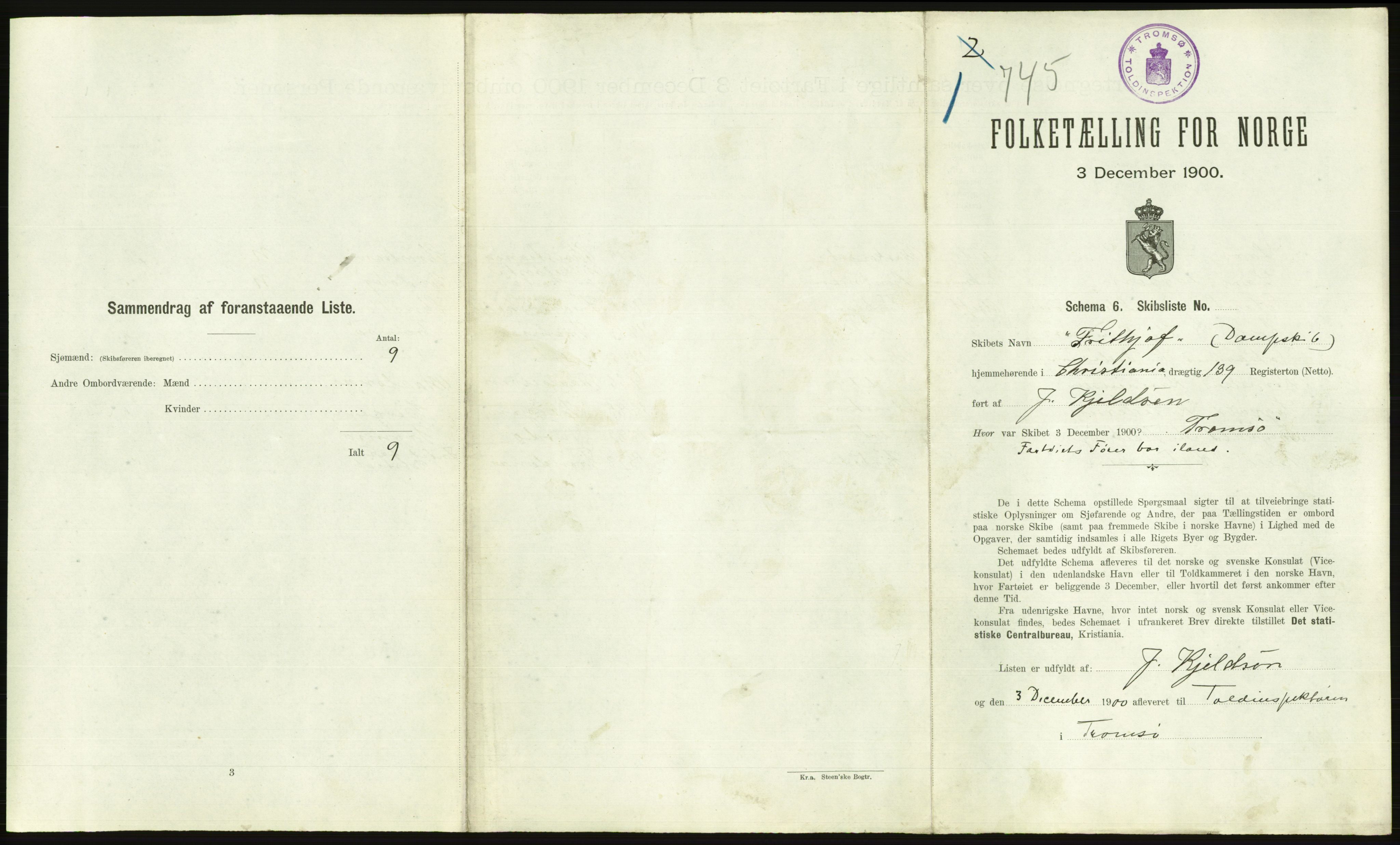 RA, 1900 Census - ship lists from ships in Norwegian harbours, harbours abroad and at sea, 1900, p. 2697