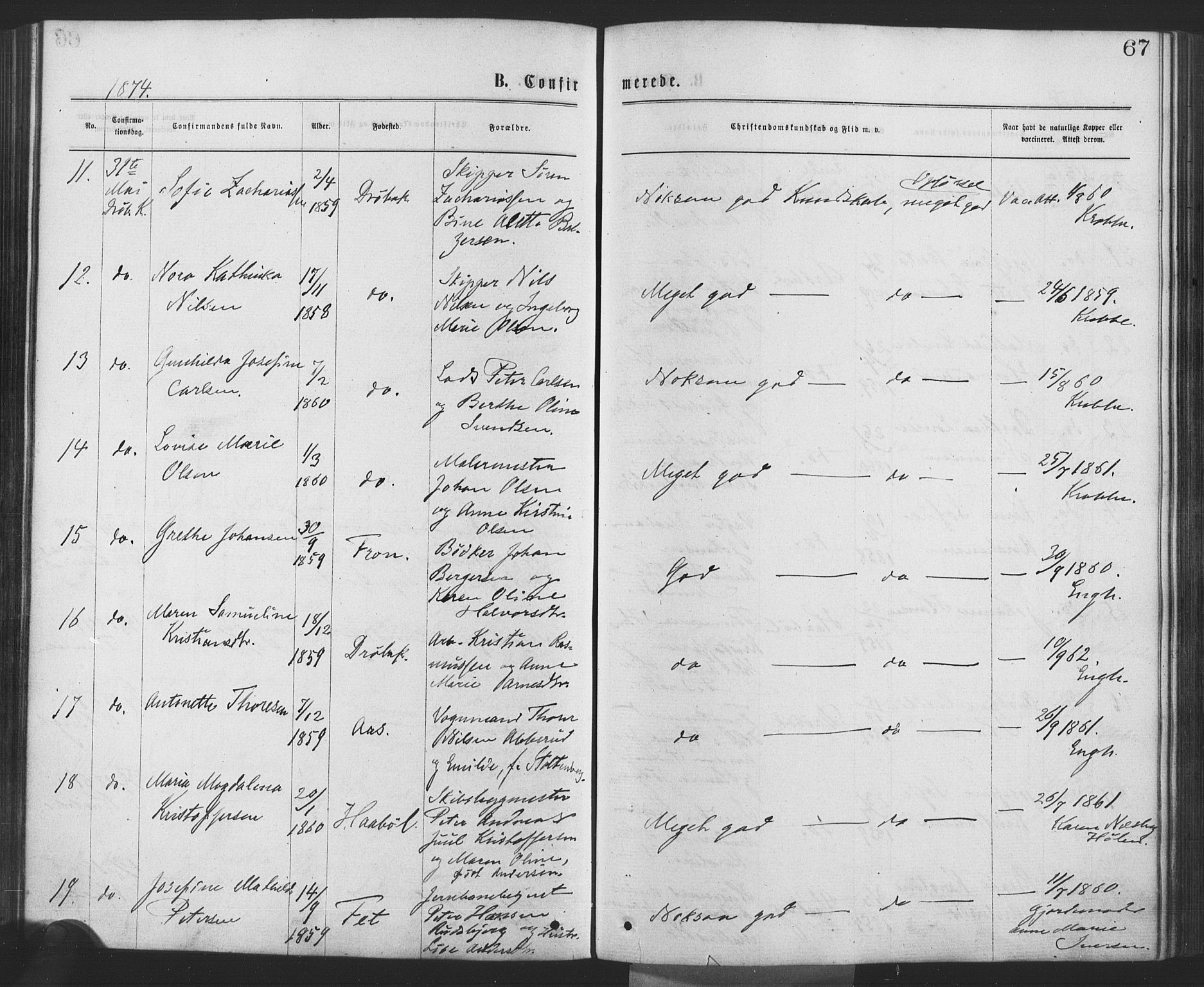 Drøbak prestekontor Kirkebøker, SAO/A-10142a/F/Fa/L0003: Parish register (official) no. I 3, 1871-1877, p. 67