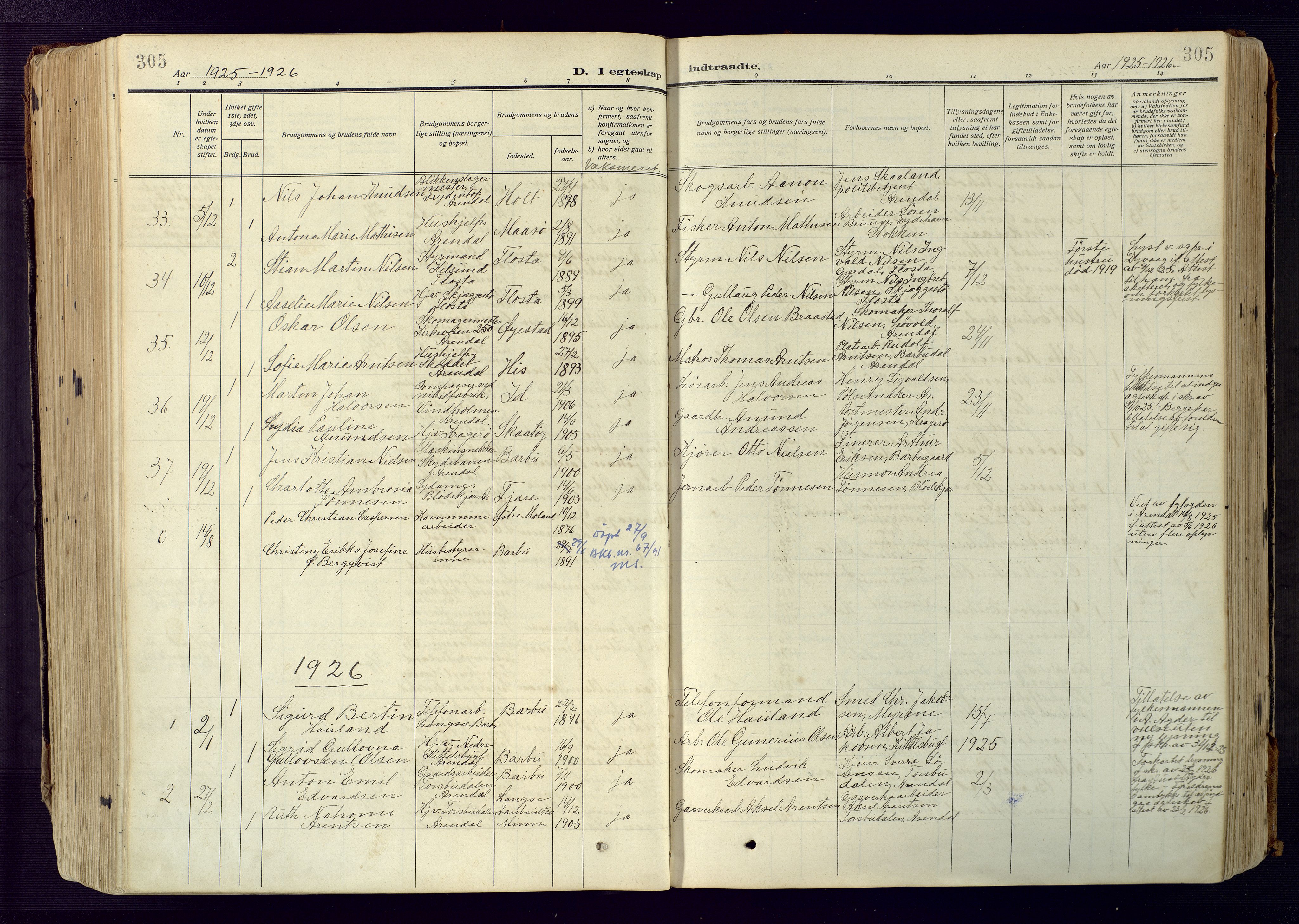 Barbu sokneprestkontor, SAK/1111-0003/F/Fa/L0006: Parish register (official) no. A 6, 1910-1929, p. 305